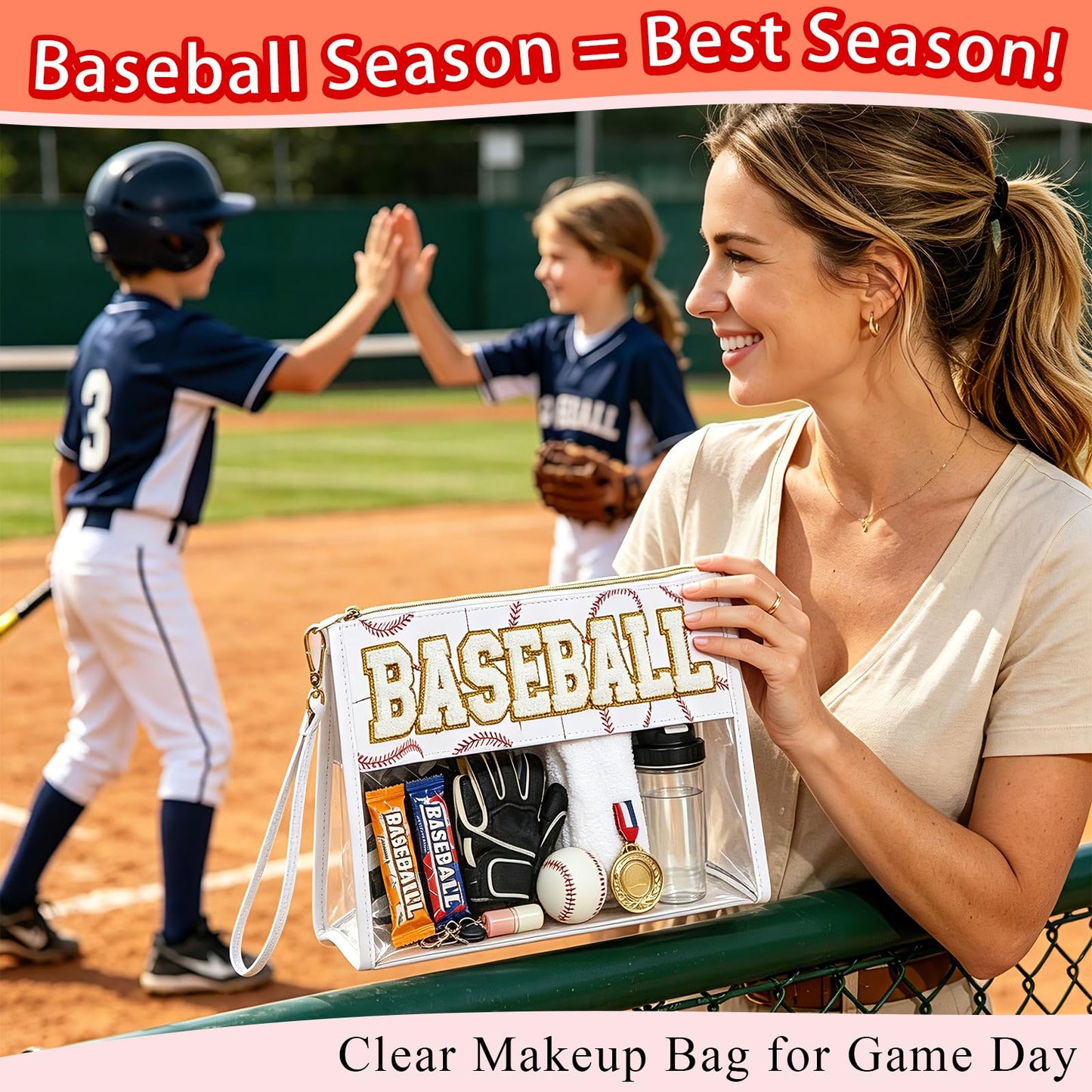 Baseball Mom Essentials Clear Stadium Bag 12x6x12 — STANDS UPRIGHT, NOT FLAT — 2.5" Deep Transparent Tote with Chenille Letters, Waterproof Baseball Game Day Bag for Team Snacks, Makeup & Travel
