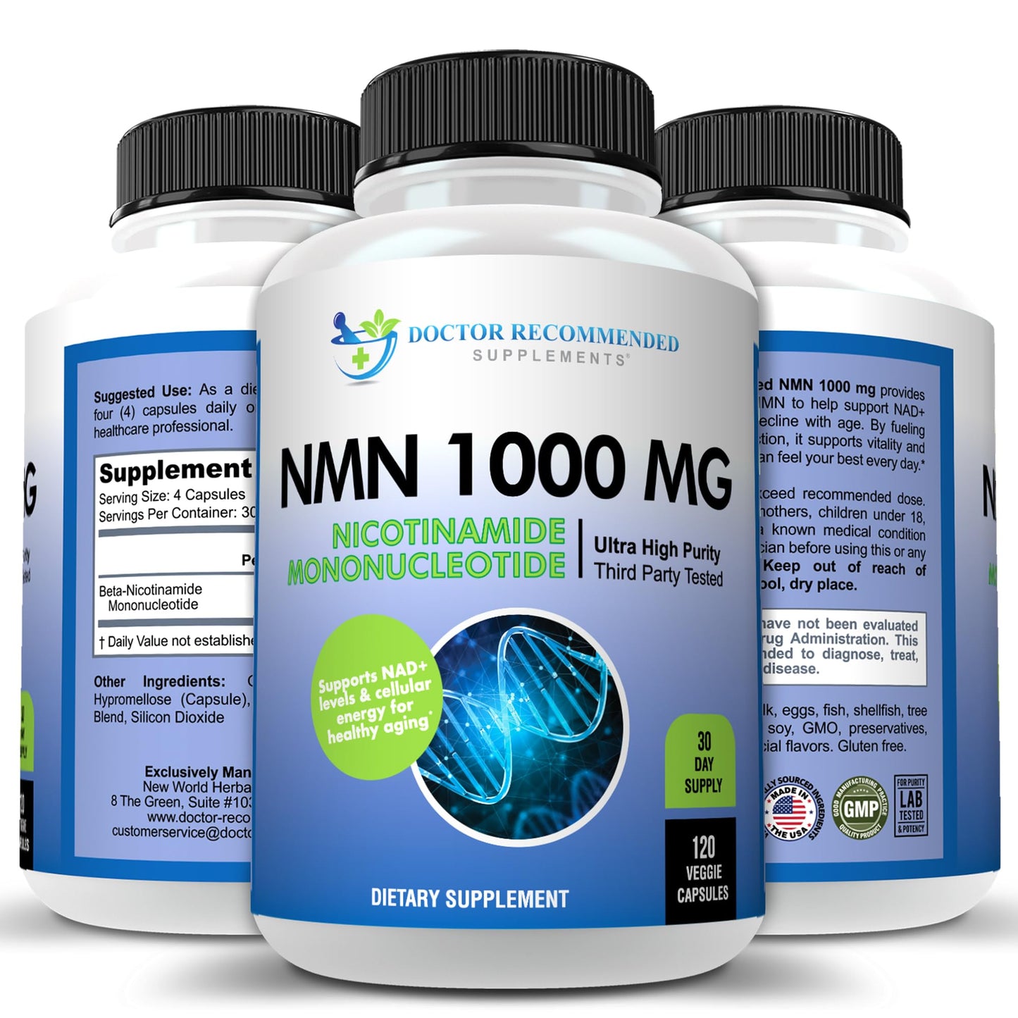 DOCTOR RECOMMENDED SUPPLEMENTS NMN 1000mg (Nicotinamide Mononucleotide) - 120 Veggie Capsules, 30 Servings - Supports NAD+ Levels & Cellular Energy - Third Party Tested, Non-GMO, Gluten Free