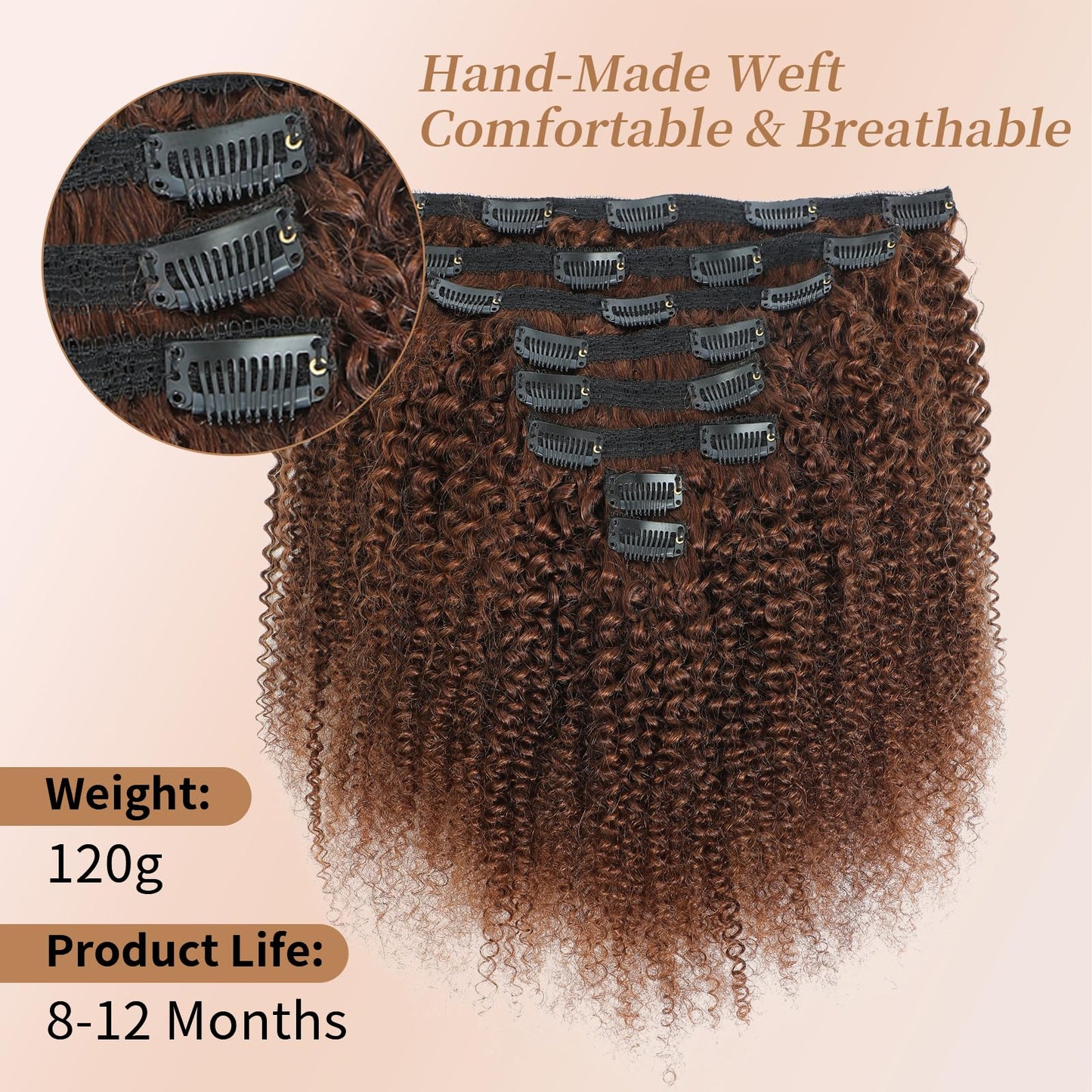 Afro Kinky Curly Clip Ins Human Hair 4C Hair Clip in Extensions Real Natural Human Hair for Black Women 8 pecs with 20 Clips 120g Dark Brown Color 18 Inch