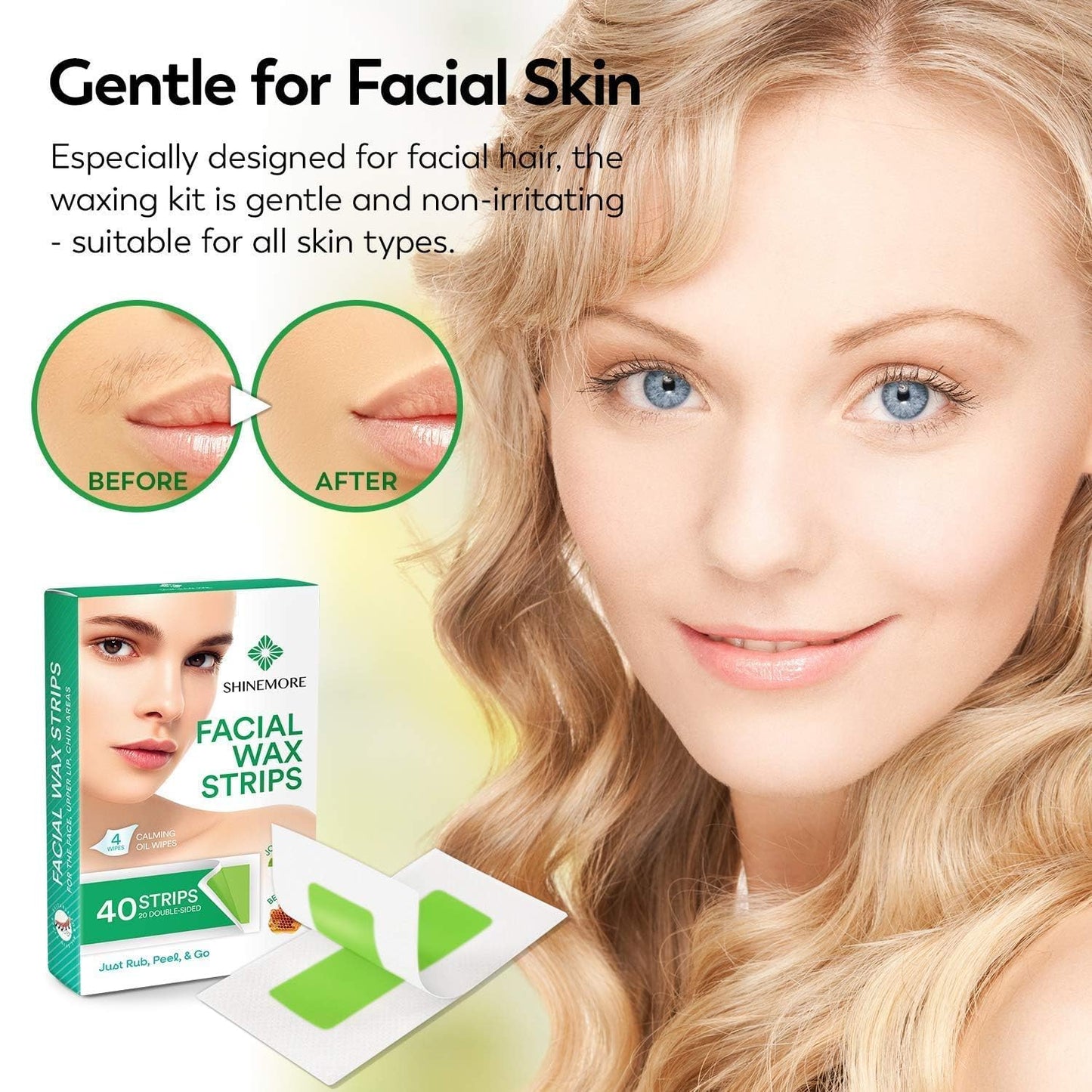 ShineMore Facial Wax Strips - Hypoallergenic Hair Removal for All Skin Types | 40 Strips + 4 Calming Oil Wipes