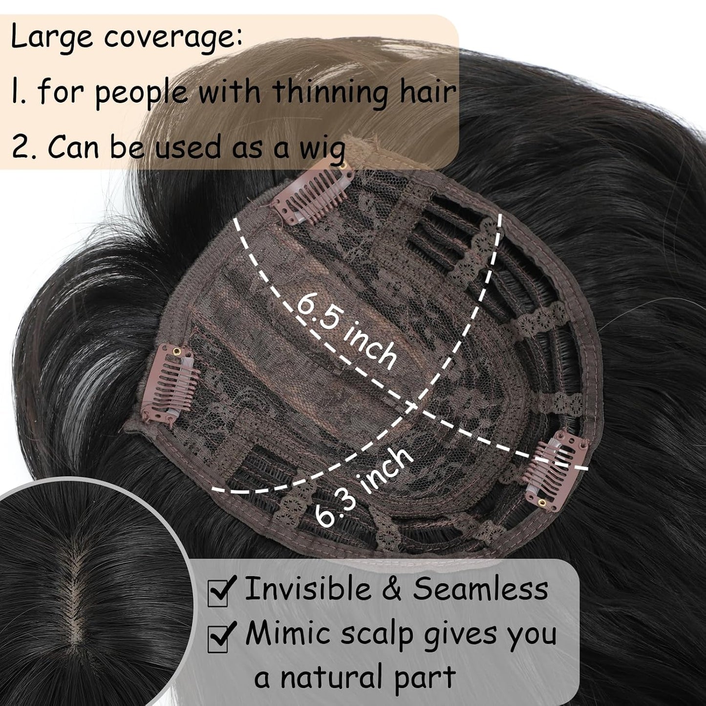 16 Inch Hair Topper for Thinning Hair - Synthetic Curly Clip-In with Wispy Bangs | Lightweight Black Crown Coverage