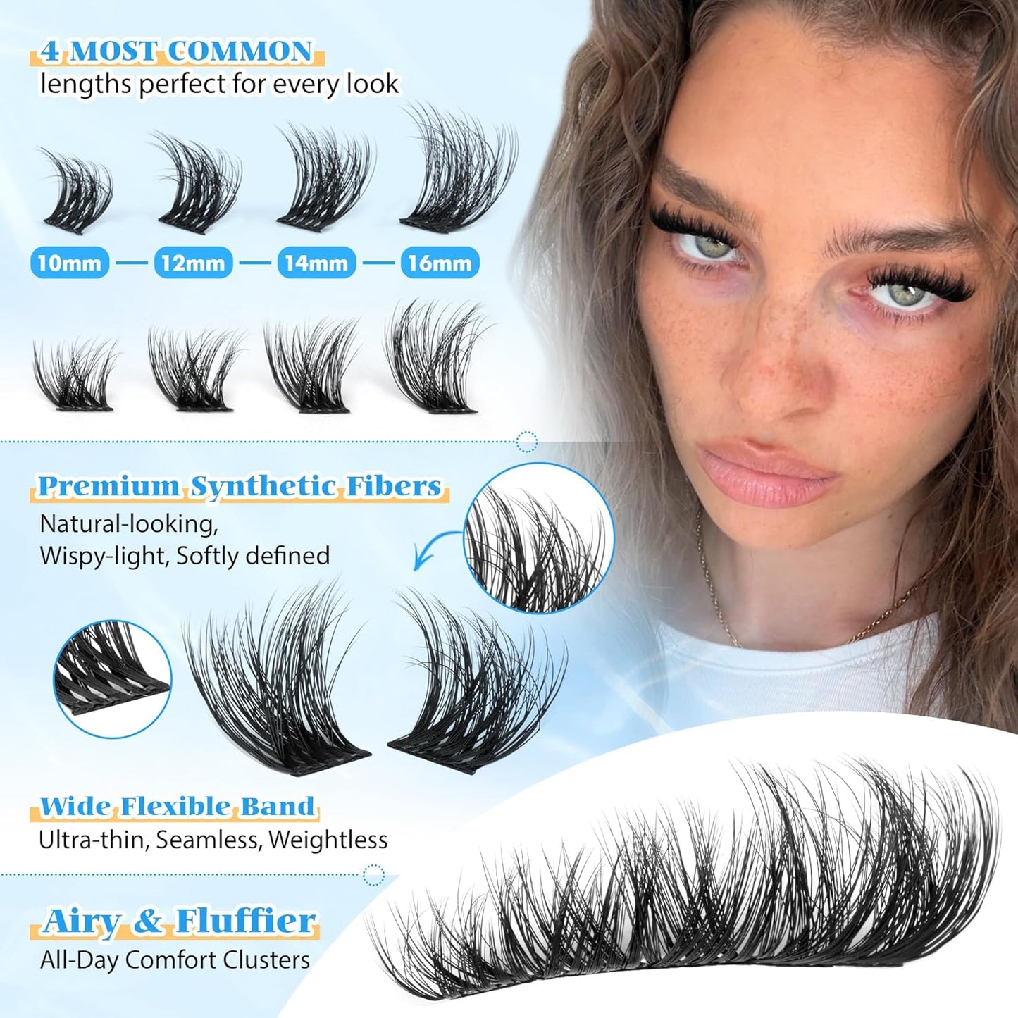 Fluffy Lash Clusters - Wispy Eyelash Extensions with Soft Thin Band | 10-16mm Mixed DIY Individual Lashes, 108 Pcs