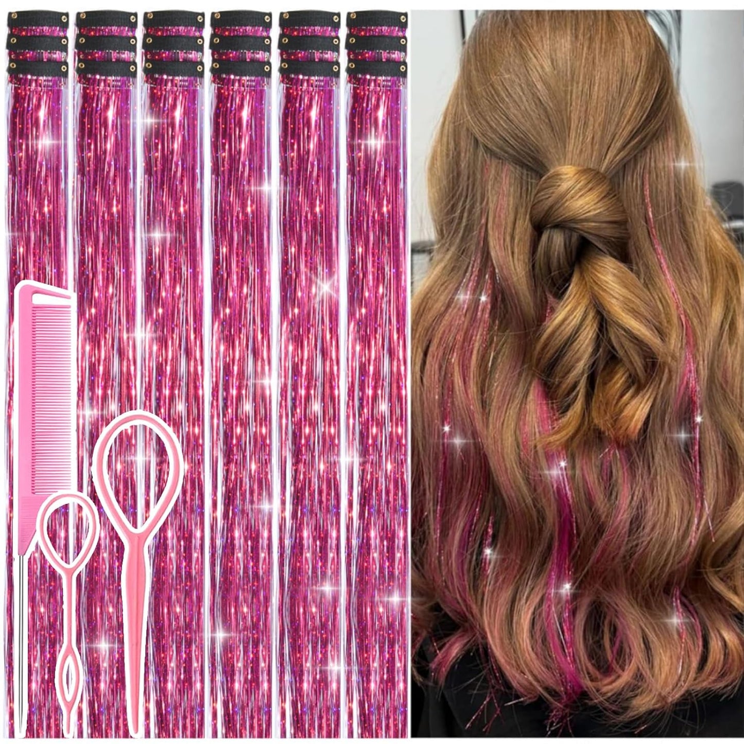 Hair Tinsel Kit - 12 Pcs Colorful Glitter Clip-In Extensions | 24 Inch for Girls, Women & Kids