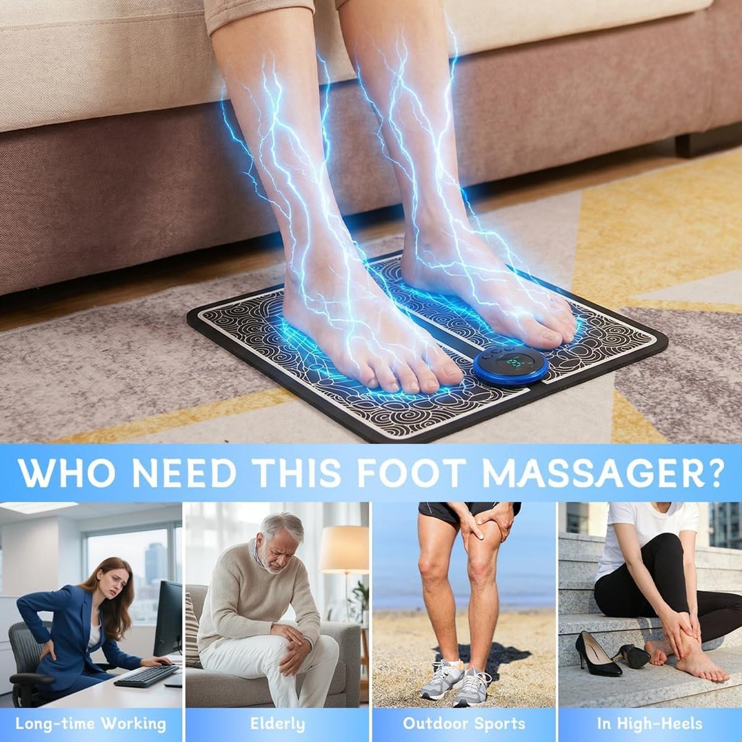 EMS Foot Massager Mat, Portable Foot Massager with Remote Control, Suitable for Both Men and Women, with 8 Modes and 19 Intensity Levels