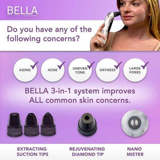 Spa Sciences - Bella Microdermabrasion Pore Extractor & Nano Mister - 3-in-1 - Exfoliation & Pore Purification - Hydrating, Refreshing, Soothing - for All Skin Types - Rechargeable
