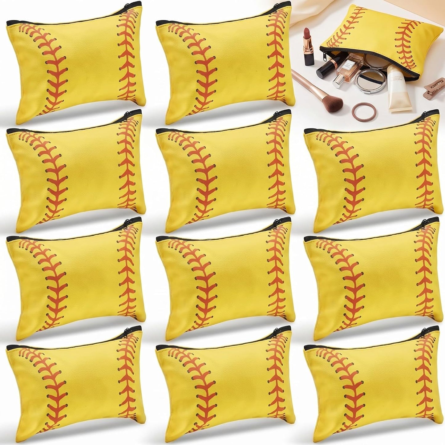 Softball Makeup Bags - 12 Pcs Canvas Cosmetic Zipper Pouches | Portable Travel Toiletry Organizers for Team Gifts