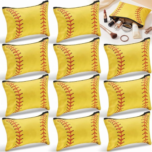 Softball Makeup Bags - 12 Pcs Canvas Cosmetic Zipper Pouches | Portable Travel Toiletry Organizers for Team Gifts