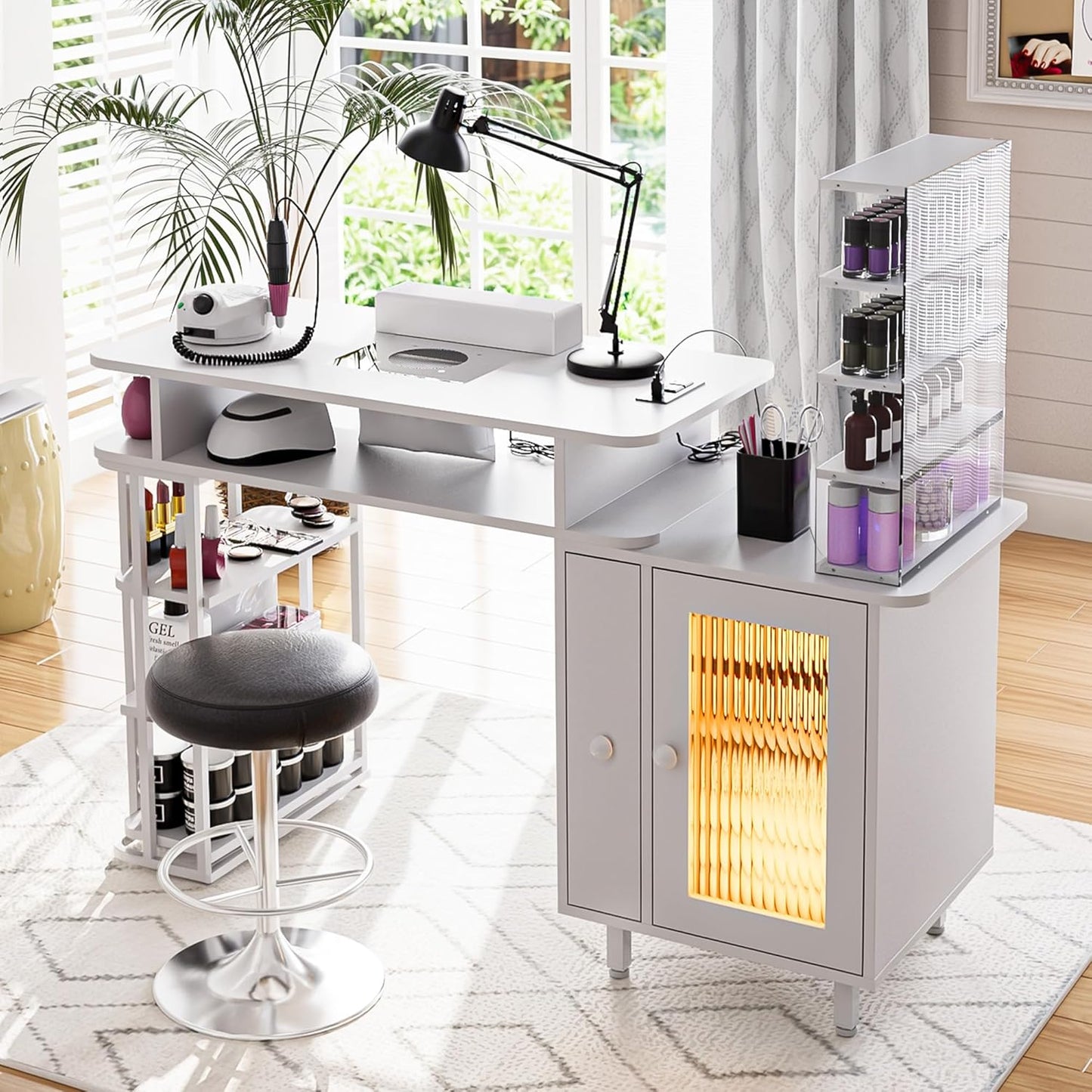 Manicure Table with LED Light - Nail Tech Desk with Dust Collector & Charging Station | White