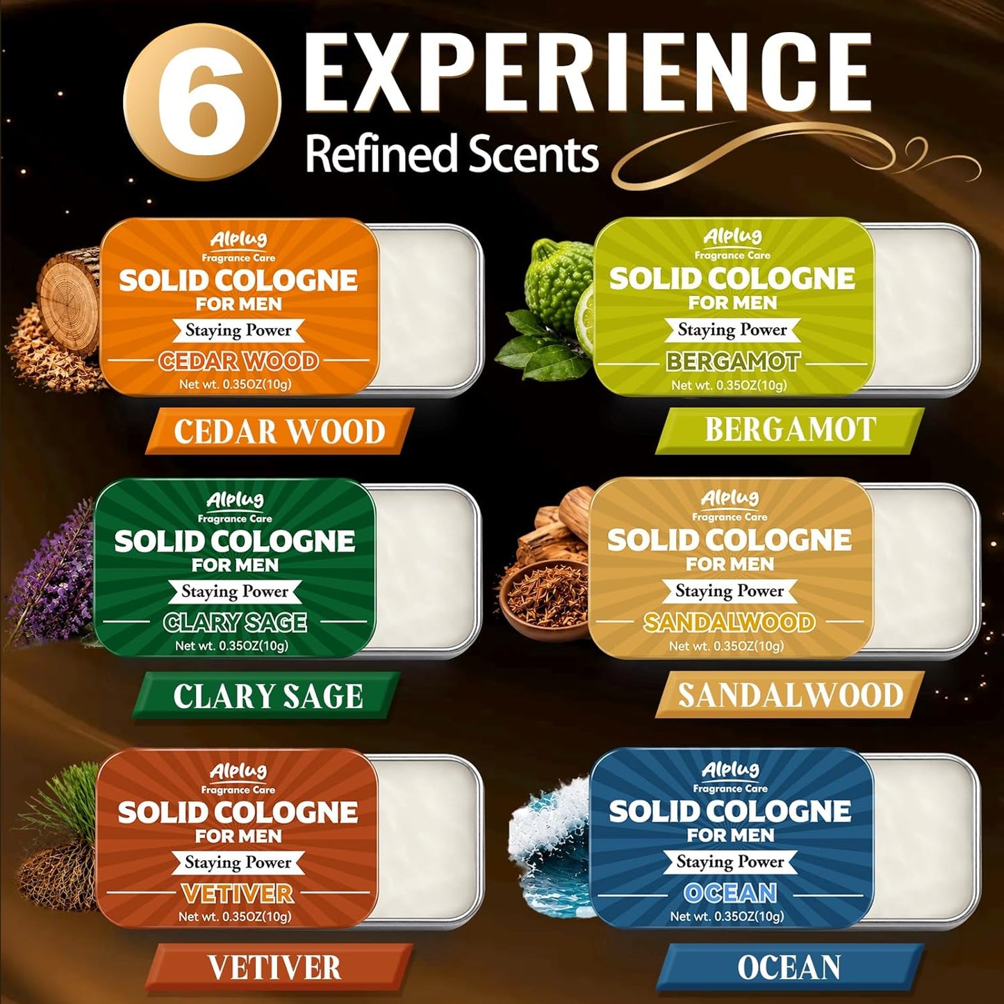 Solid Cologne Gift Set for Men - 6 Pack of Cedar Wood, Bergamot & Sandalwood | Perfect Father's Day Gift for Dad or Husband