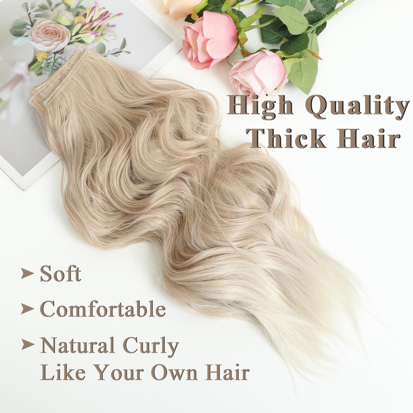 NAYOO Ombre Platinum Blonde Clip in Long Wavy Hair Extensions for Women 4PCS Curly Synthetic Thick Hairpieces with Fiber Double Weft Hair Full Head（20 inch, Ombre Platinum Blonde）