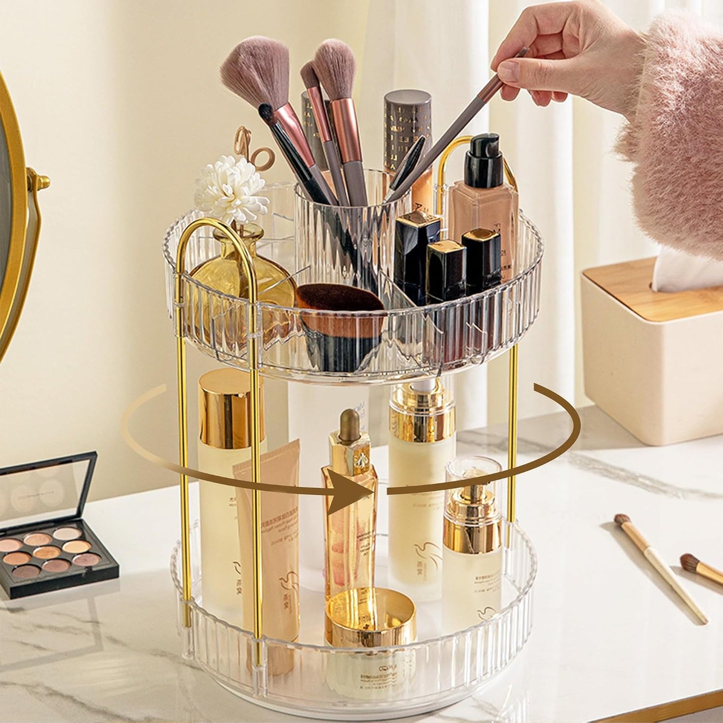 Rotating Makeup Organizer - 3 Tier Clear Cosmetic Holder for Vanity | Grey Perfume & Skincare Storage