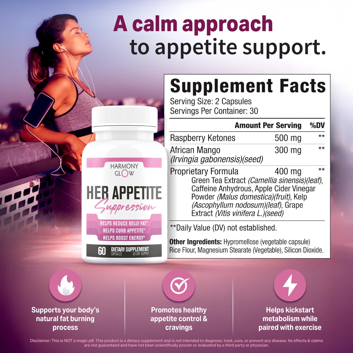Her Appetite Suppression - Supports GLP-1 Related Metabolic Pathways, Promotes Weight Loss for Women, Helps Control Appetite/Cravings & Promotes Energy | 3rd Party Tested Supplement - 60 Capsules