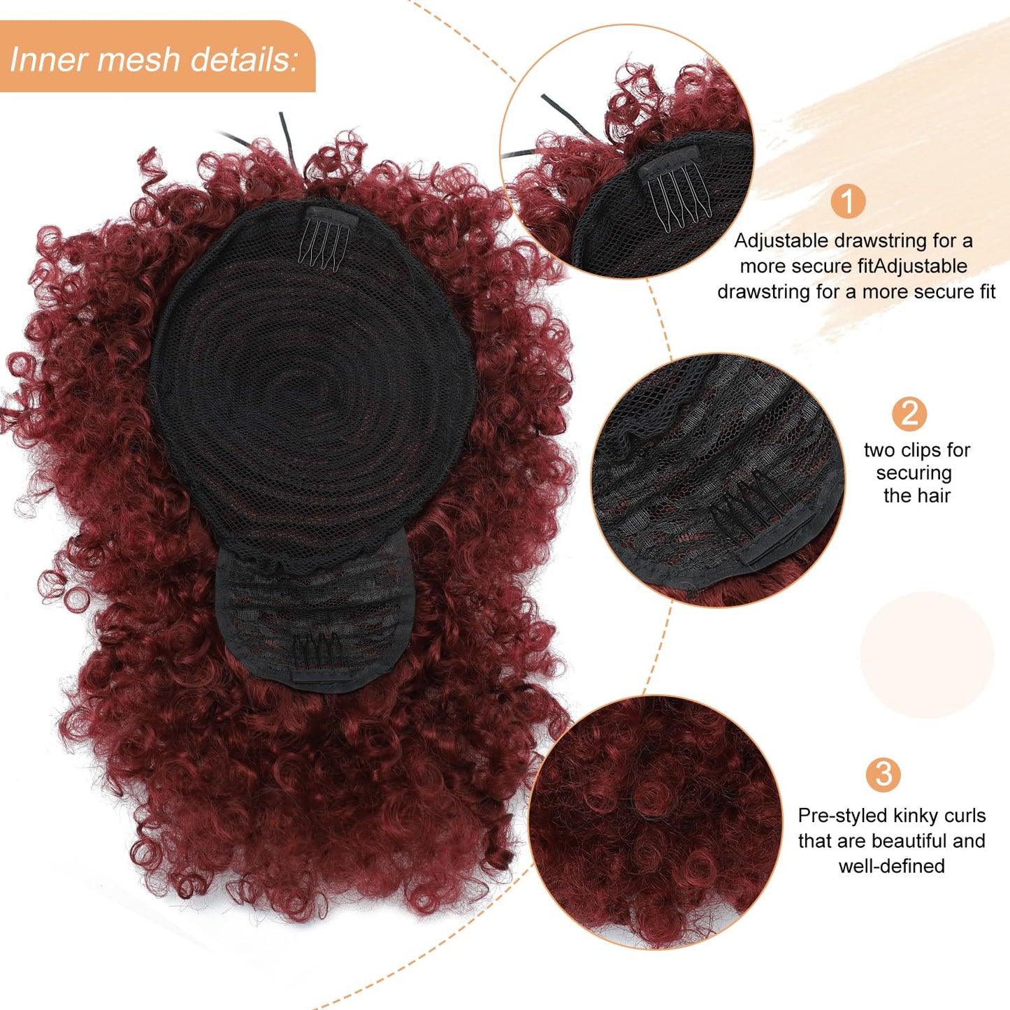Afro Puff Drawstring Ponytail - Short Burgundy Kinky Curly Hair Extensions | Fluffy Updo for Black Women