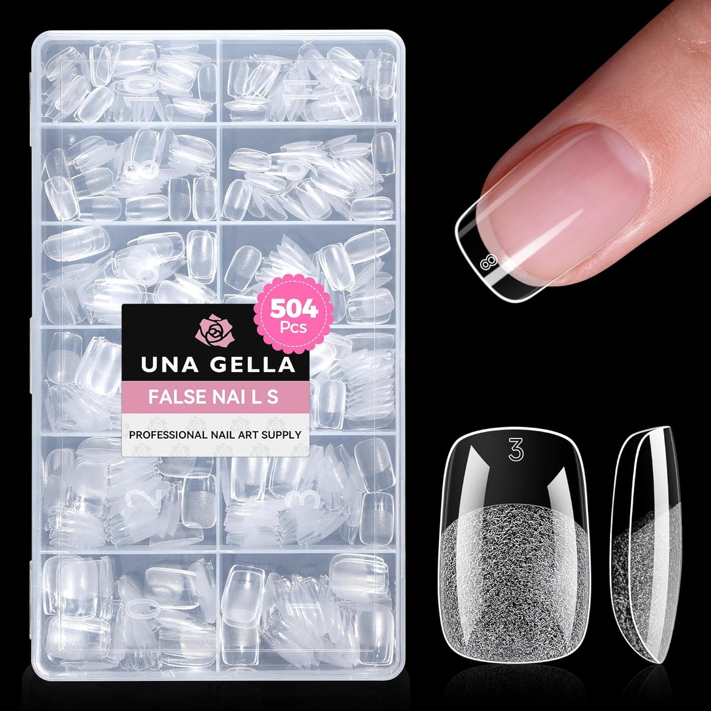 Medium Stiletto Press-On Nails - 504 Pcs Clear Gel Nail Tips | Full Cover Pre-Etched Acrylic, 12 Sizes Available