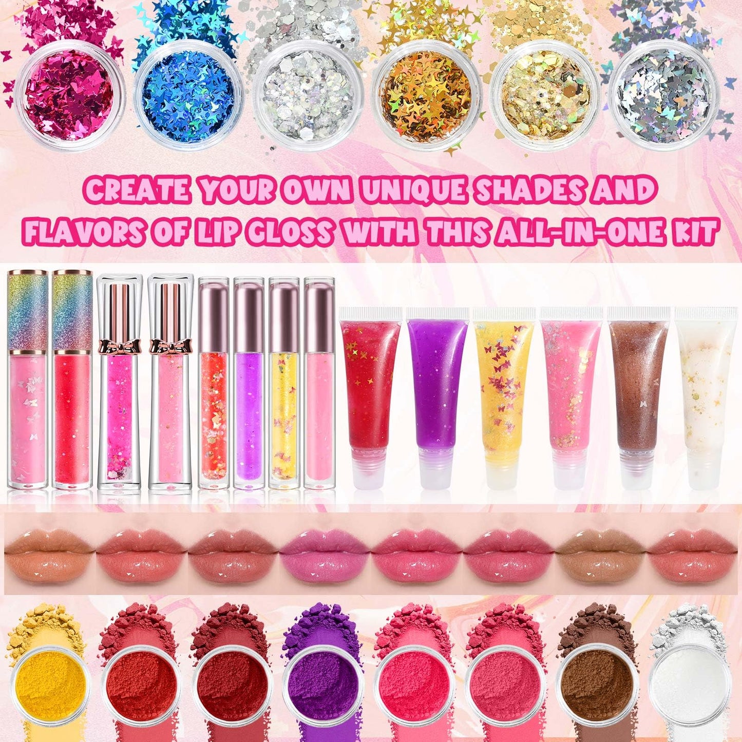 Gdblsm Lip Gloss Making Kit- DIY Lip Gloss Set for Women, Make Your Own Makeup Set with Moisturizing Clear Base, Pigments, Glitter, Jojoba Oil, Fun Lipstick Making Kit Gifts for Women Makeup Lover