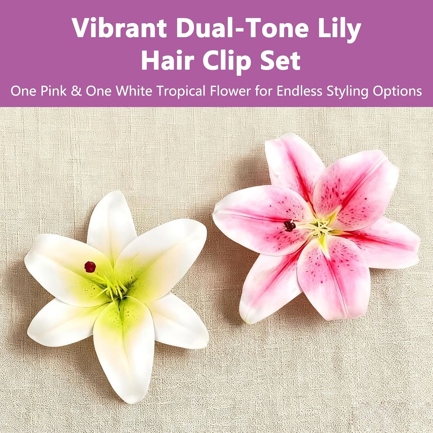 Tropical Pink & White Hair Flower Lily Clip Set - 2 Pcs Faux Hawaiian Accessories for Weddings & Beach Parties