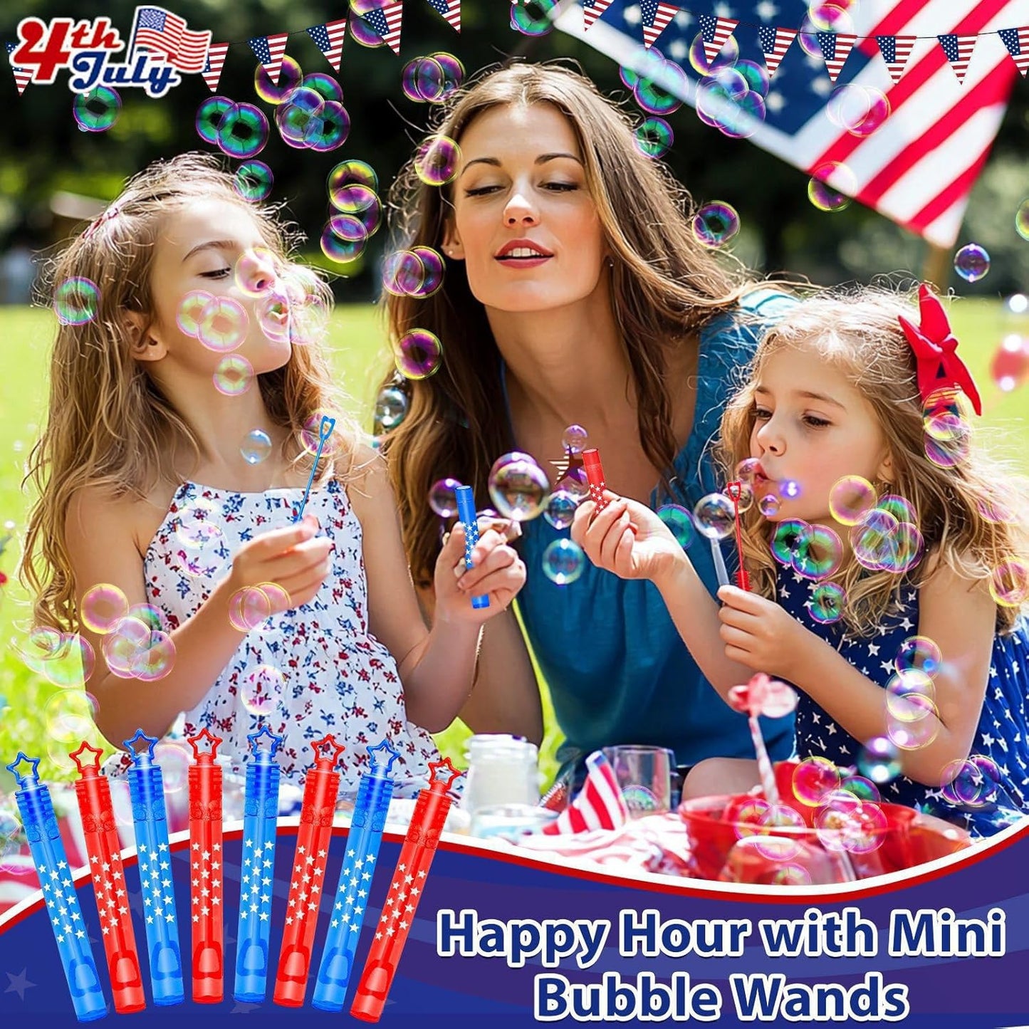 4th of July Party Favors - 100 Mini Bubble Wands | Patriotic Red, White & Blue Bubbles for Kids' Birthday Celebrations