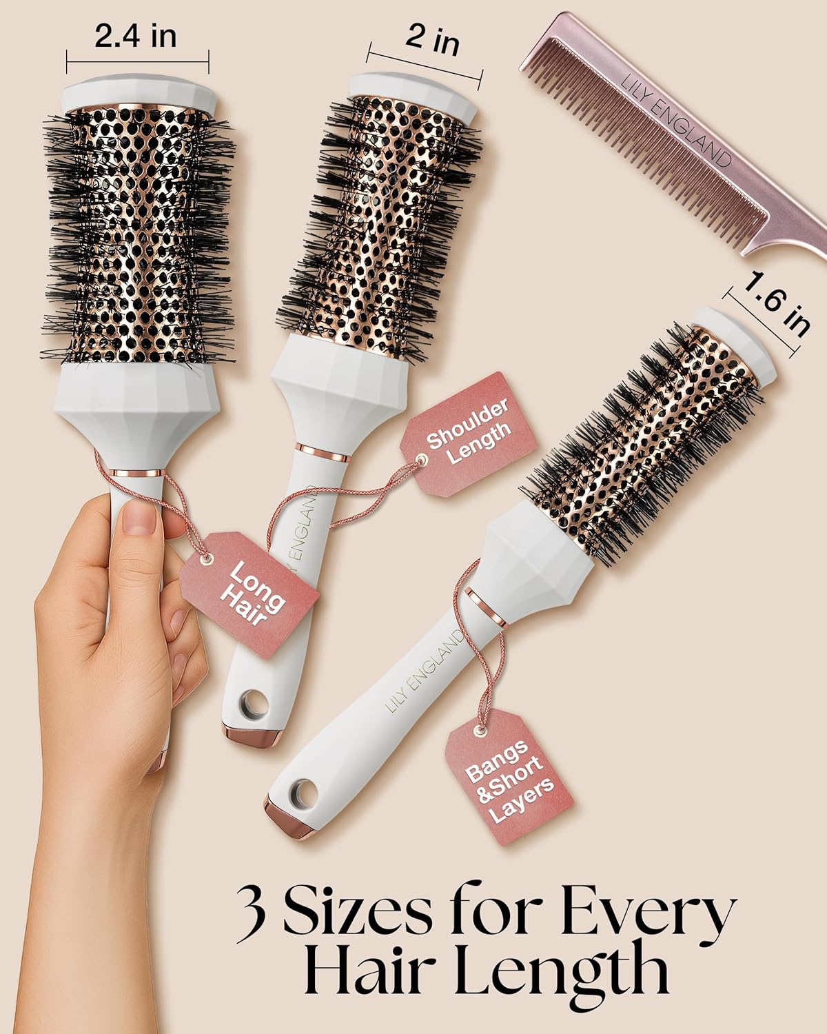 Round Hair Brush Set - 4 Piece Professional Blow Dry Kit with 3 Brushes & Comb | Ideal Beauty Gift for Women - White