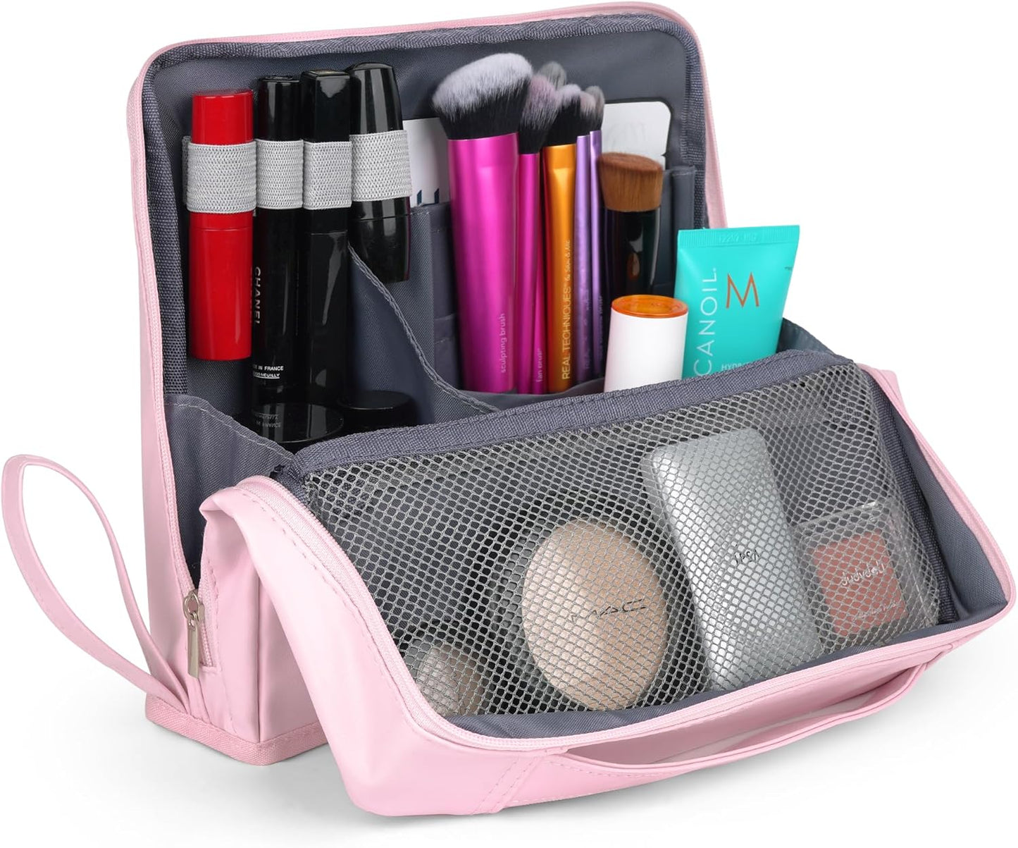 Portable Leather Makeup Bag - Waterproof Travel Cosmetic Organizer with Compartments | Large Capacity - Pink
