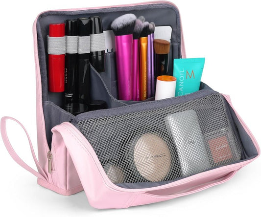 Portable Leather Makeup Bag - Waterproof Travel Cosmetic Organizer with Compartments | Large Capacity - Pink