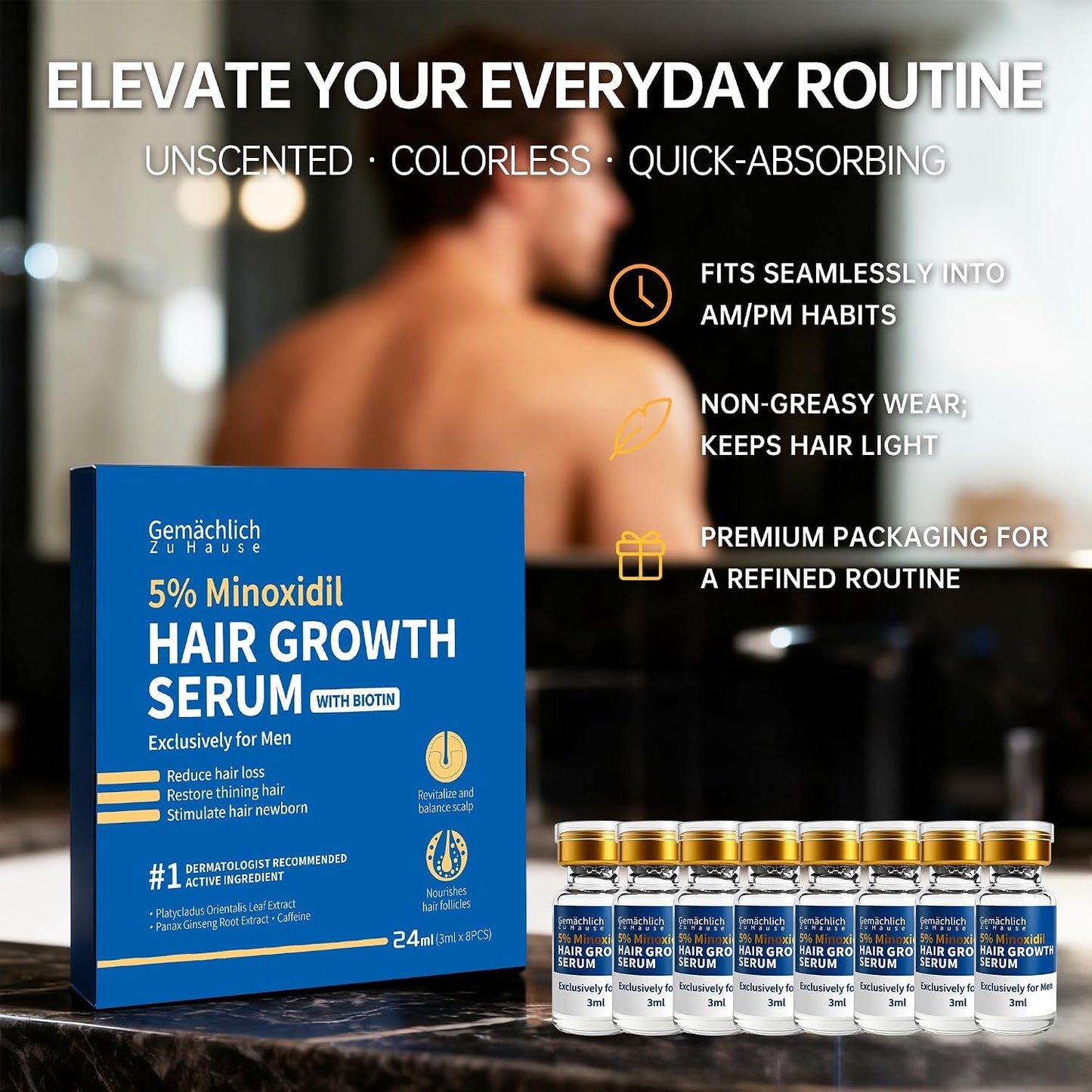 5% Minoxidil for Men - Extra Strength Hair Growth Serum with Biotin, Rosemary & Caffeine | Non-Greasy Formula for Thinning Hair