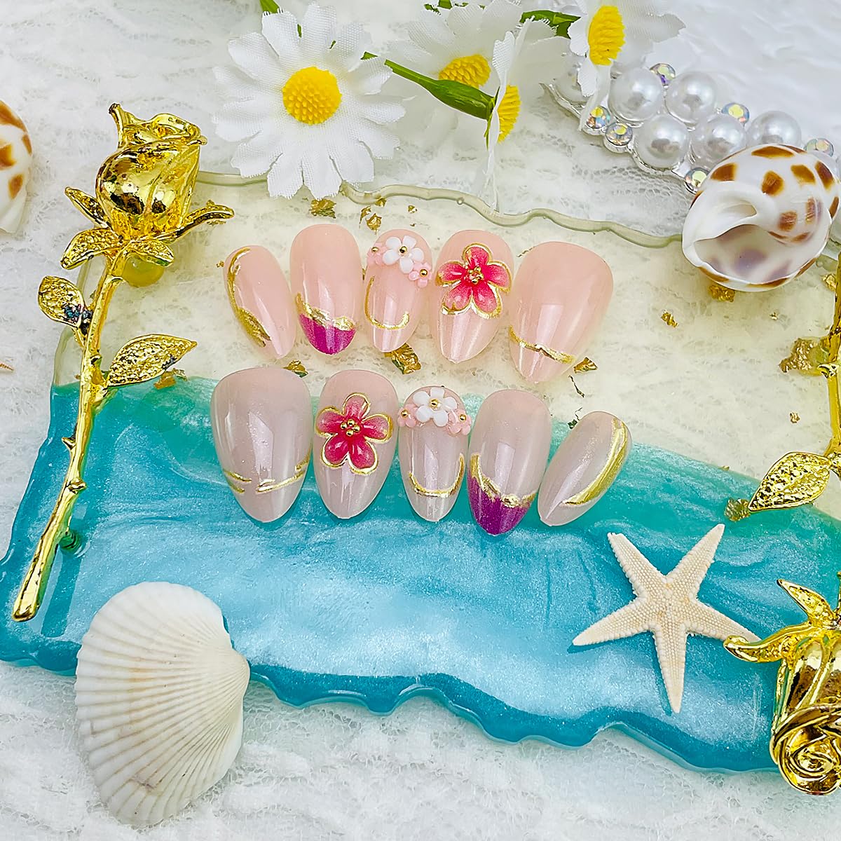 Flower Press On Nails - 24Pcs Short Almond Acrylic Set with 3D Pearl Floral & Gold Chrome Design | Glossy Pink Full Cover