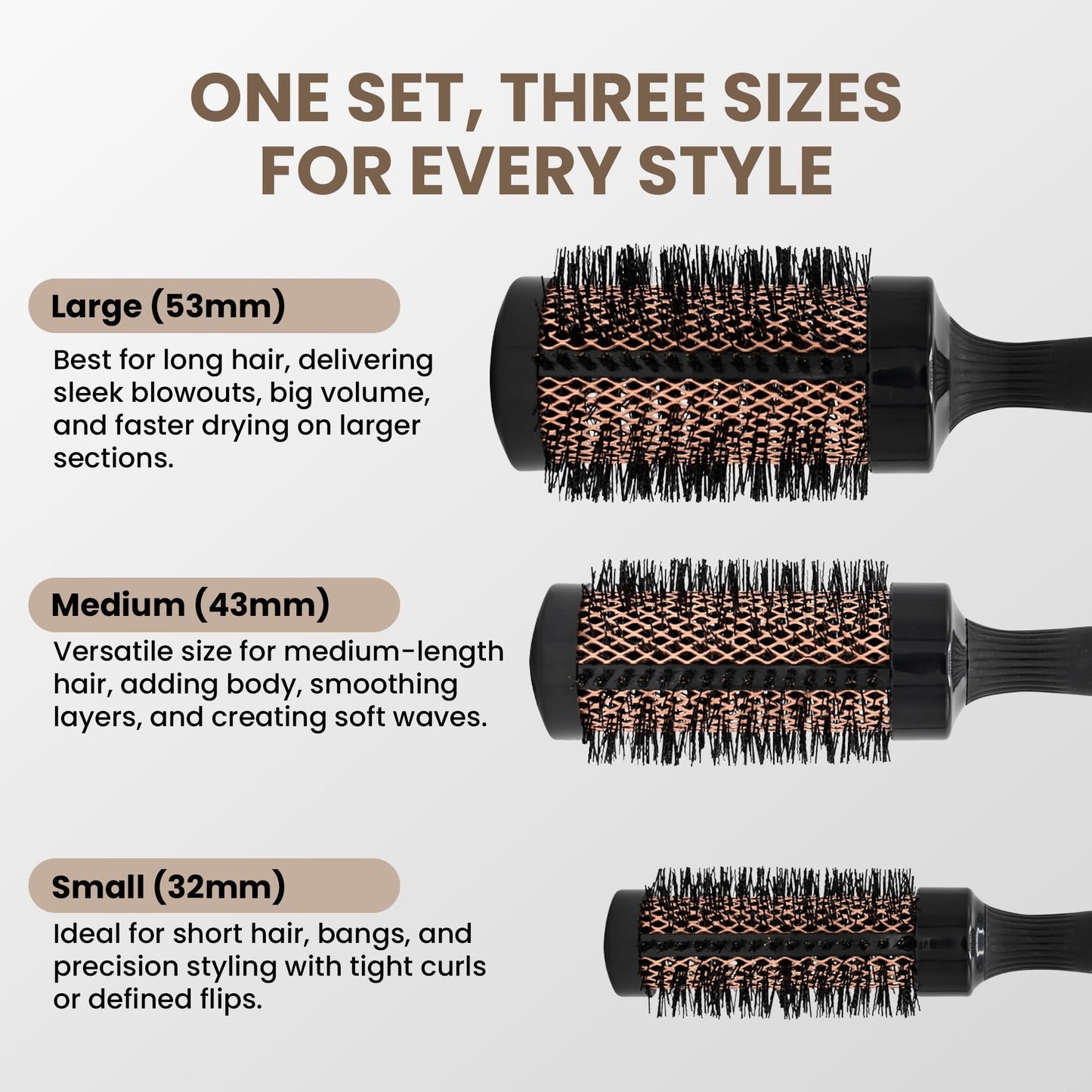 TONY ODISHO Copper Round Trio Brush Set – Professional Ceramic Thermal Ionic Styling Brushes with Boar Bristles for Volume, Shine & Salon-Quality Blow Drying – Small, Medium & Large Round Brushes