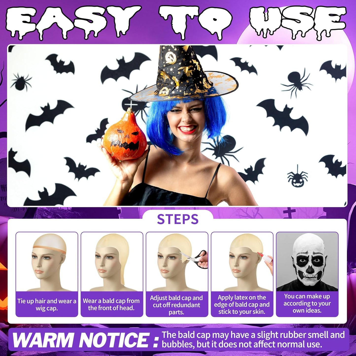 Bald Caps for Halloween - 4 Piece Latex Set with Wig Cap for Kids & Adults | Costume Accessories