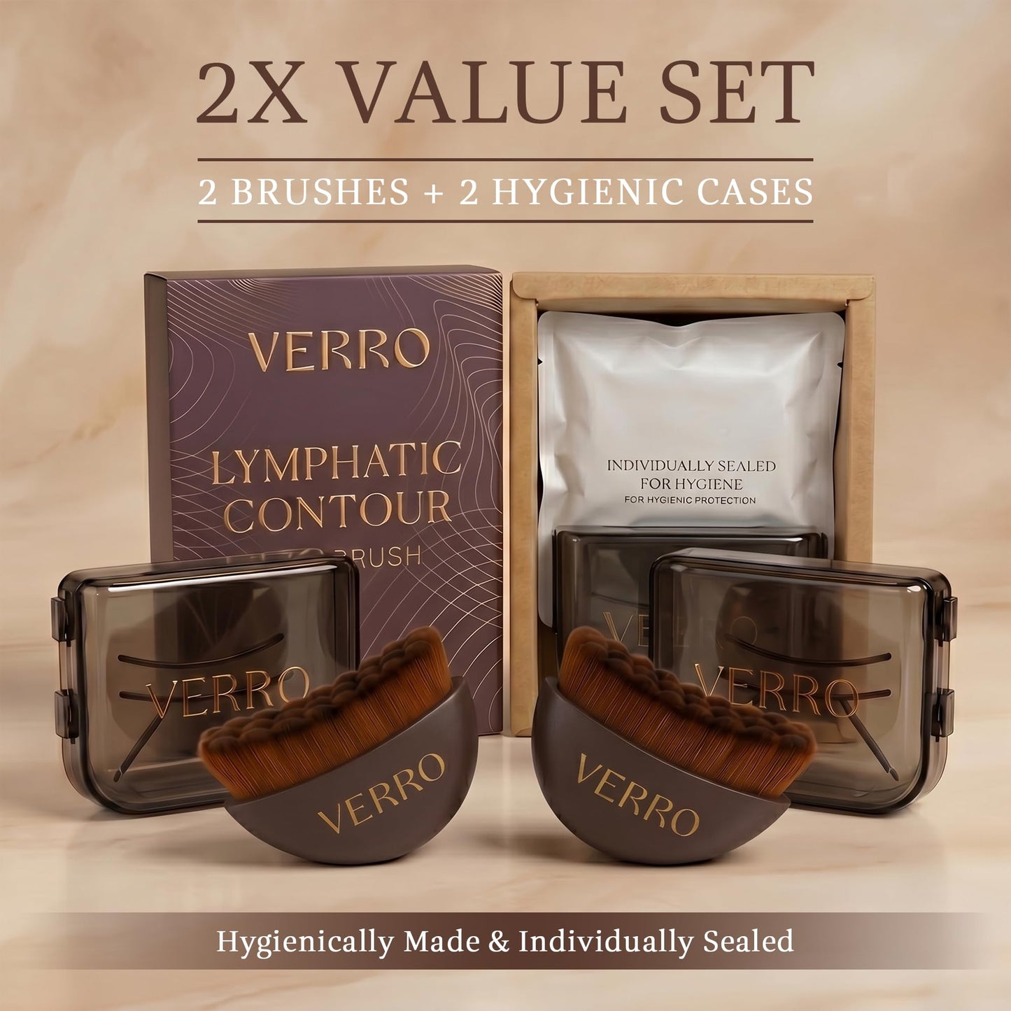VERRO Lymphatic Face Brush Set (2 Pack) – Facial Dry Brush for Face Sculpting, Lymphatic Drainage & Puffiness Reduction, Ultra Soft Bristles, Individually Sealed + Travel Cases (Brown)