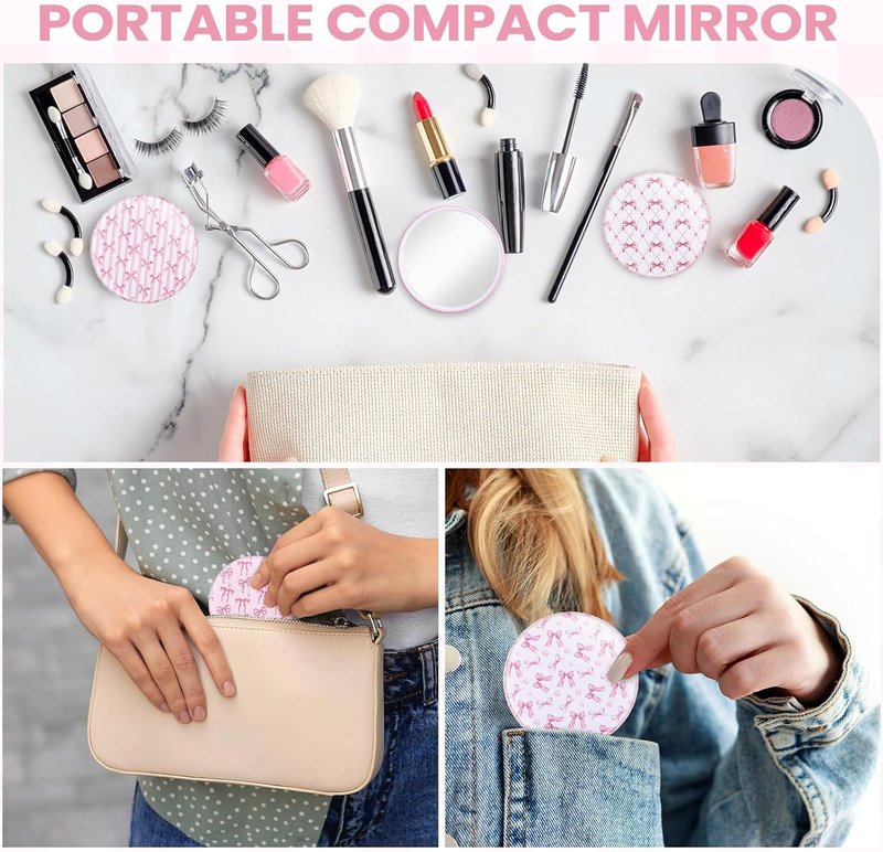 20 Pcs Pink Bow Compact Mirrors - 2.75 Inch Round Portable Makeup Mirrors | Party Favors & Gifts for Women