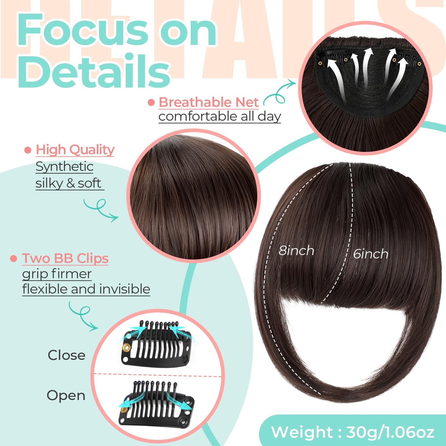 Cephermer Clip in Bangs, Synthetic French Bangs Hair Clip, Fake Bangs Fringe with Temples Hairpieces for Women Natural Curved Hair Extensions for Daily Wear Medium Brown
