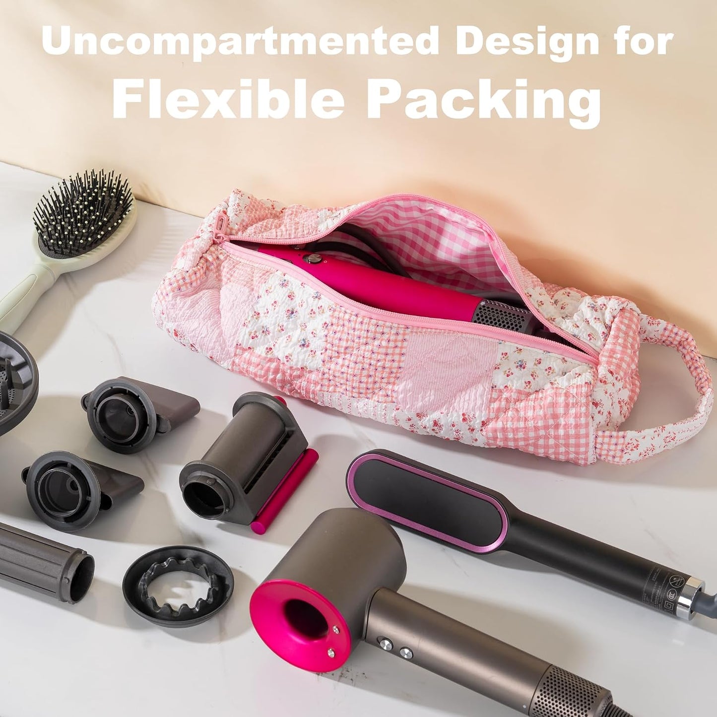 Quilted Hair Tools Travel Bag - Portable Organizer for Dyson Airwrap & Shark FlexStyle | Pink Plaid Floral