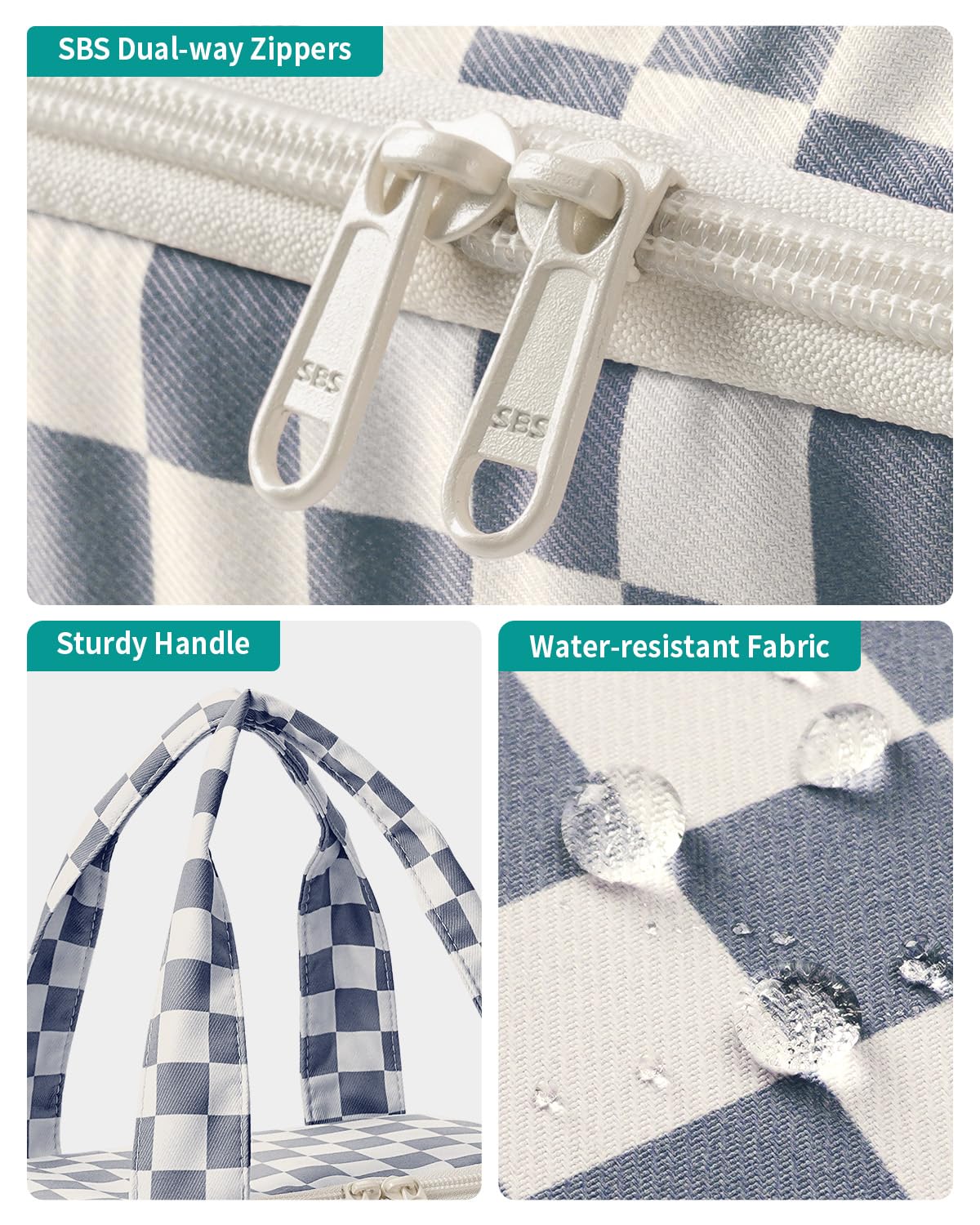 Narwey Checkered Travel Toiletry Bag for Women Large Makeup Bag, Wide-open Cosmetic Make Up Organizer with Handle, Travel Bag for Toiletries, Essentials, Accessories (Greyish Blue Checkerboard)