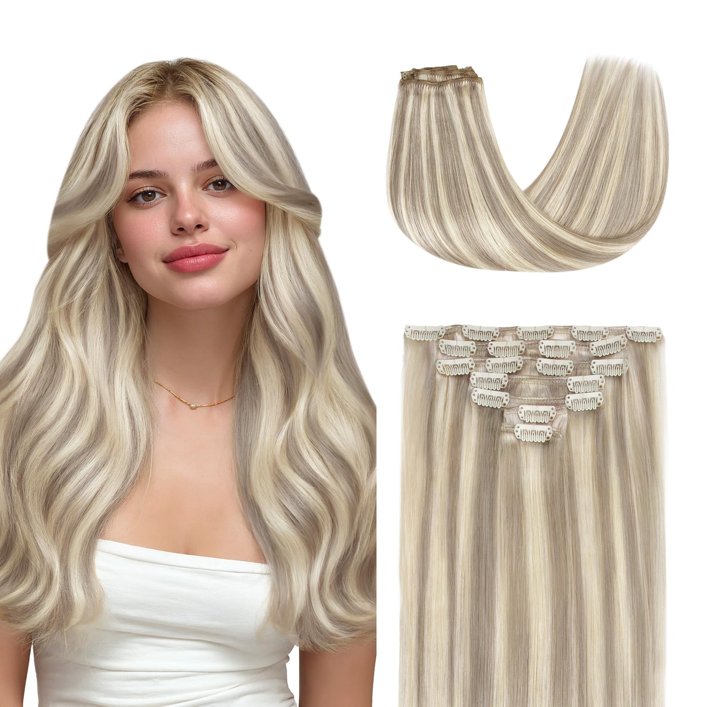 GOO GOO Clip in Hair Extensions Real Human Hair, Remy Human Hair Extensions Clip ins for Women, Natural Human Hair, 18inch 120g 7 Pcs, #18F/60A Balayage Light Wheat Platinum Blonde