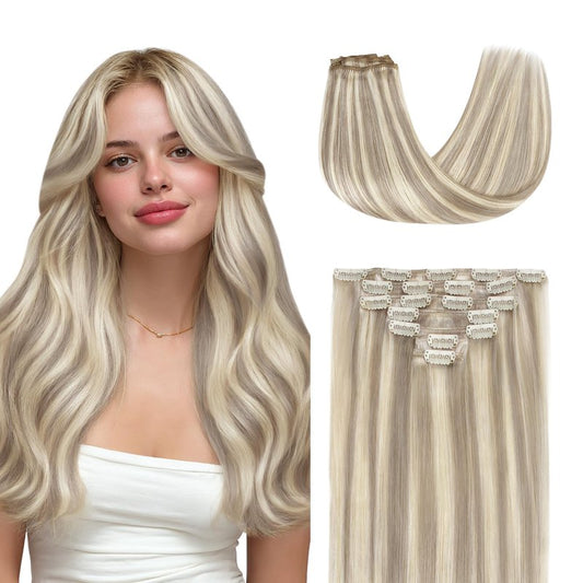 GOO GOO Clip in Hair Extensions Real Human Hair, Remy Human Hair Extensions Clip ins for Women, Natural Human Hair, 18inch 120g 7 Pcs, #18F/60A Balayage Light Wheat Platinum Blonde