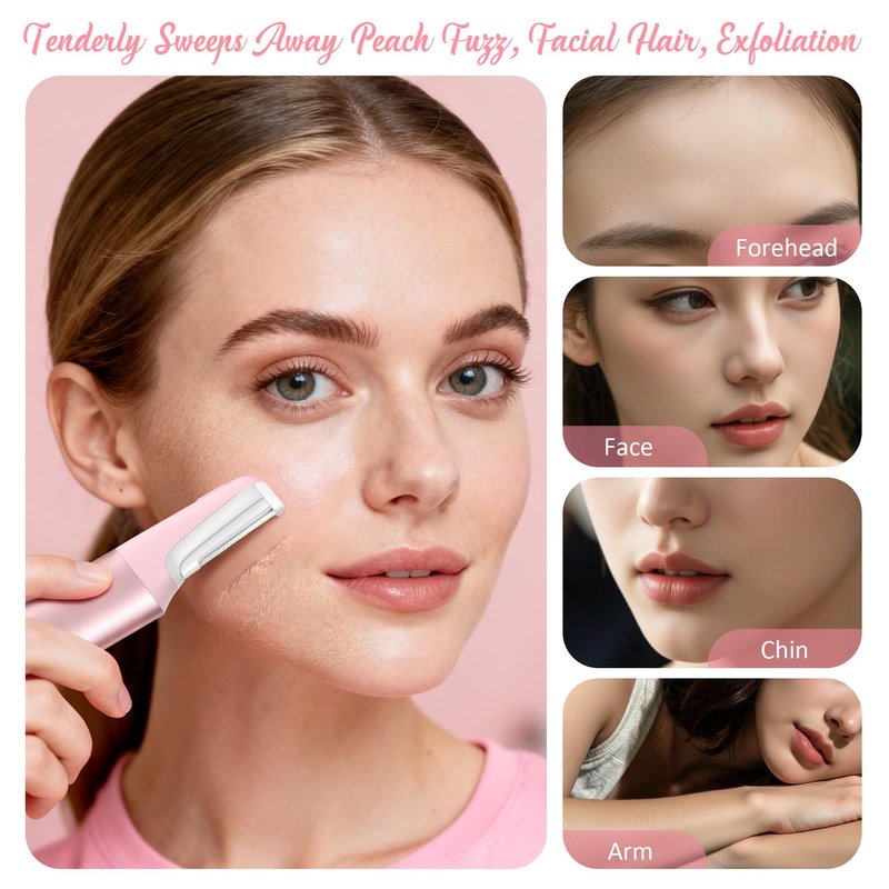 Sonic Dermaplane Razor for Women Face Beauty Eyebrow Trimmer, Exfoliation & Peach Fuzz Facial Hair Removal for Women, Electric Face Razors Shaver Epilator Anti-Aging 3 Speeds & 10 Refill Blades, Pink