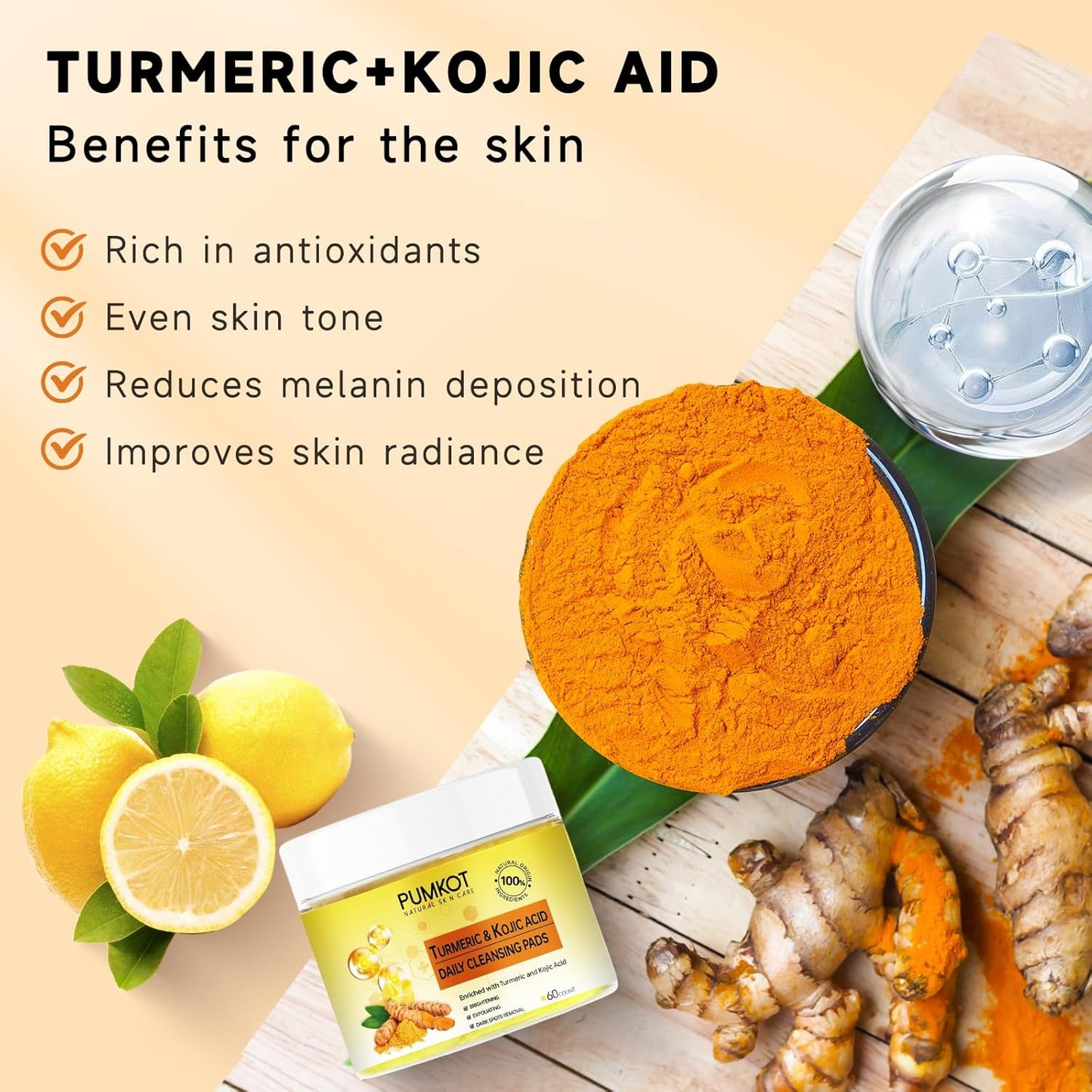 Turmeric Kojic Acid Cleansing Pads - Exfoliating Face Scrub Pads | 60 Count
