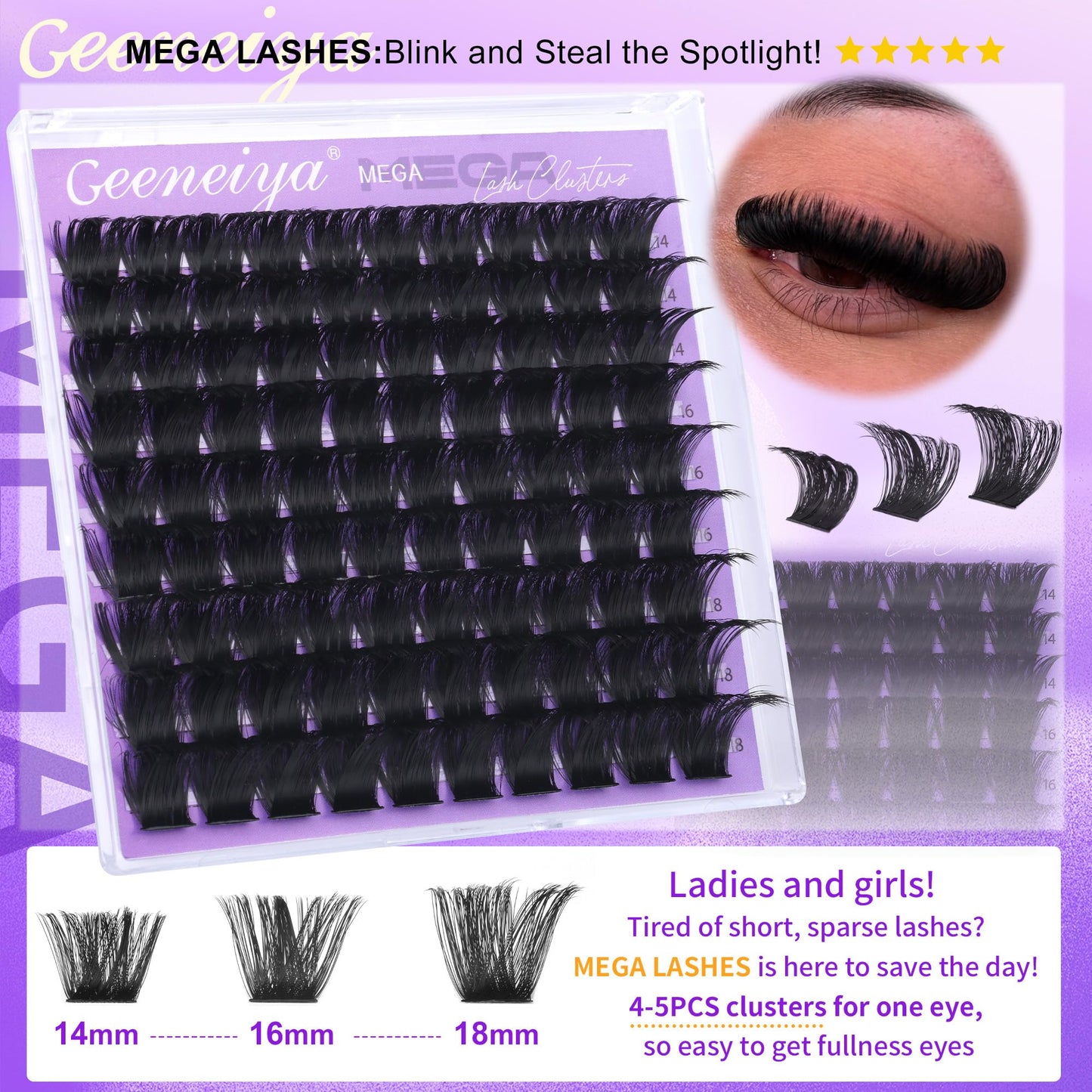 Geeneiya 5 Styles Lash Clusters Kit, Volume/Mega/Full/Bottom Eyelash Clusters Extensions with Lash Bond and Seal, Remover and Lash Extension Tools for Beginners and Proficient, DIY at Home Easily