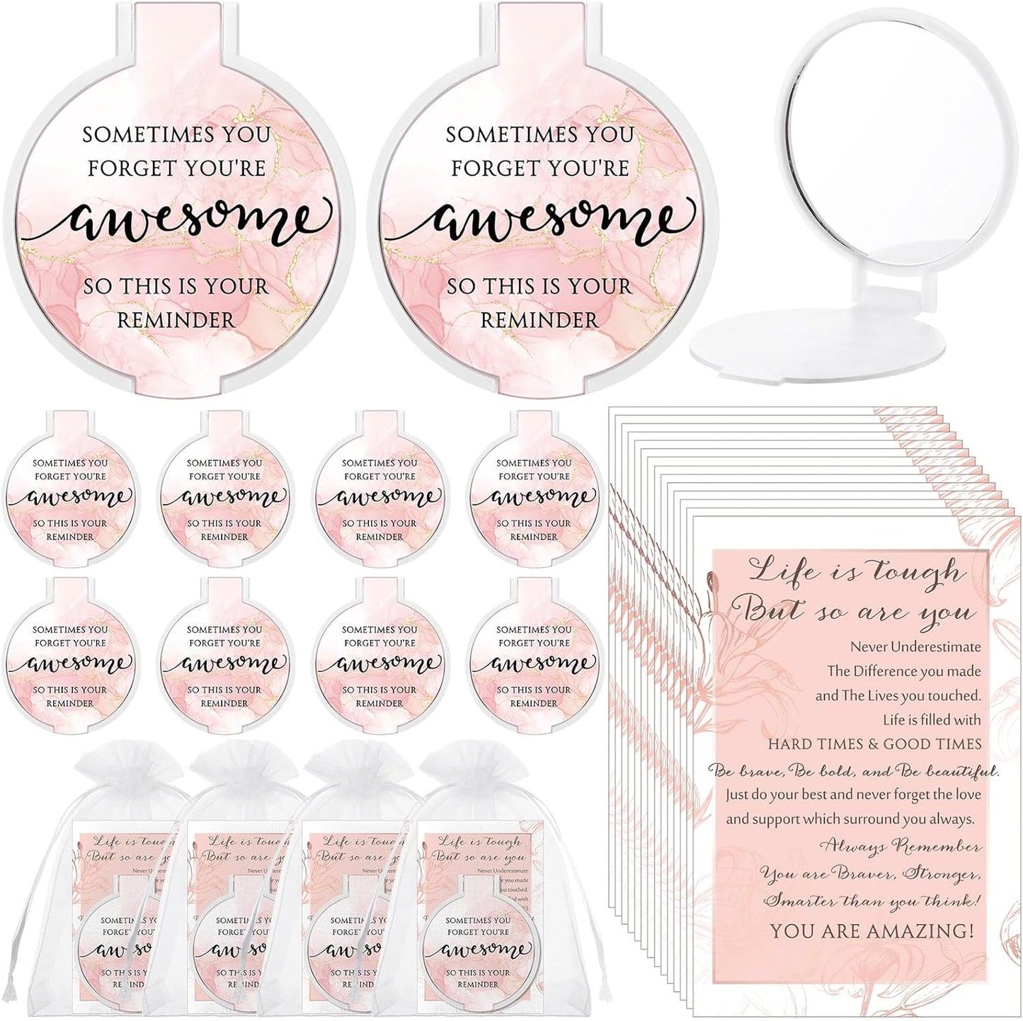 Inspirational Compact Mirror Set - 25 Bulk Gifts for Women | 2.76-Inch Portable Folding Mirror in Pink Marble