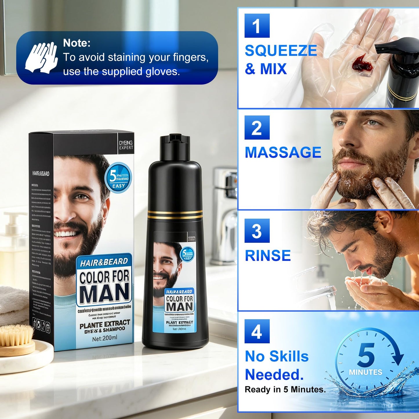 Mens Beard & Mustache Dye Shampoo, Instant 100% Grey Hair Coverage, Long-Lasting Natural Herbal Beard Coloring for Gray Hair, 3-in-1 Dye, Shampoo & Conditioner,200ML