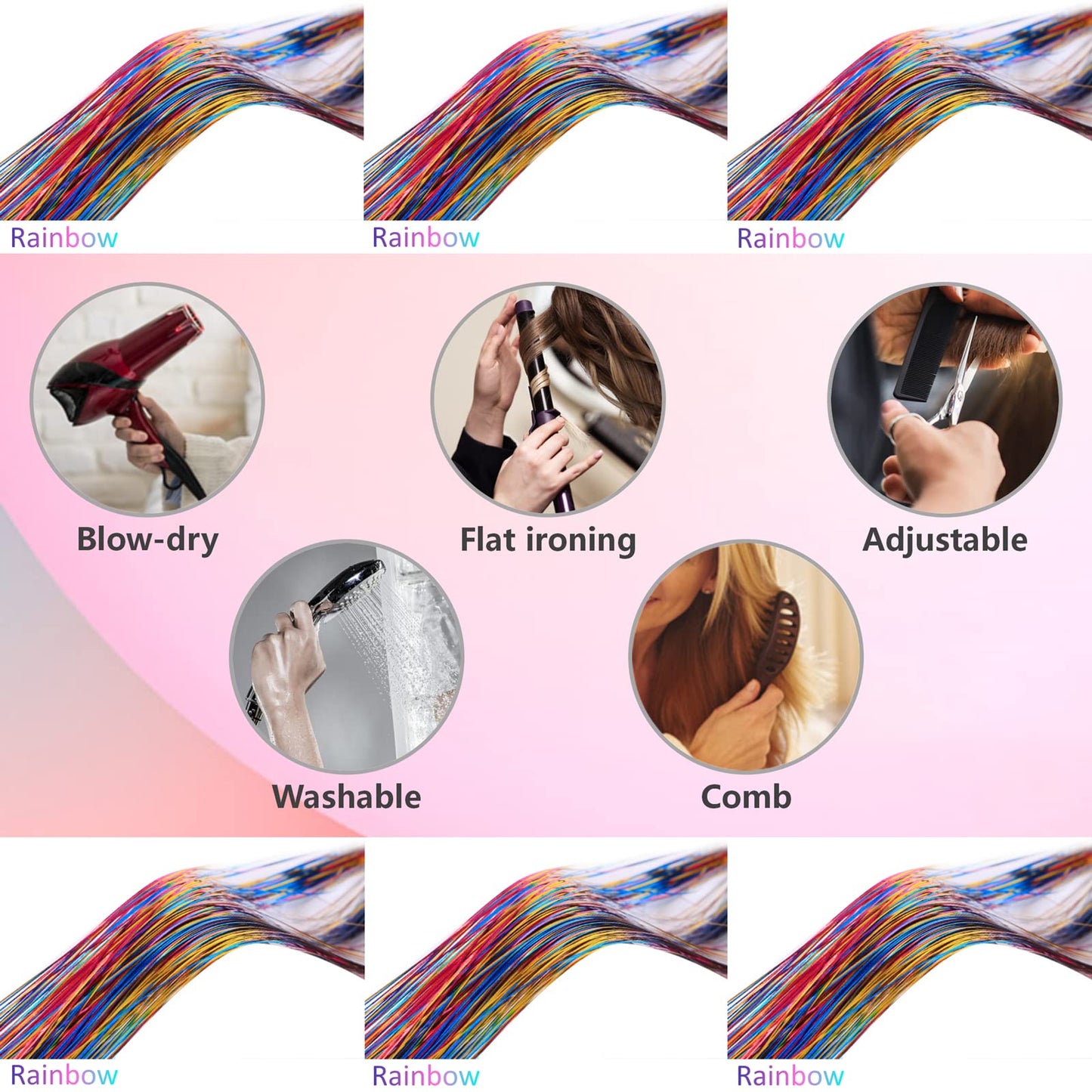 Rainbow Hair Tinsel Kit with Tools and Instruction Easy to Use 1200 Strands 48 Inches Glitter Tinsel Hair Extensions for Women and Girls, Sparkling Shinny Fairy Hair Accessories for Christmas New Year Halloween Cosplay Party