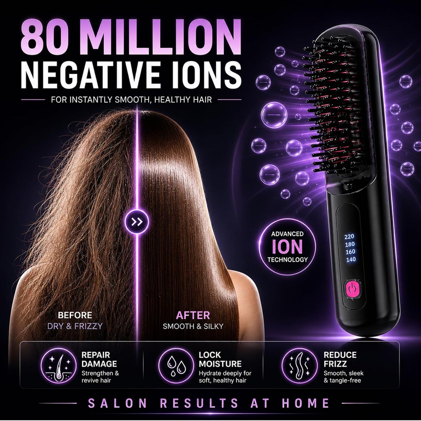 Cordless Hair Straightener Brush - 80 Million Anti-Frizz Ions, 4 Temp Settings | Portable Travel Styling Tool