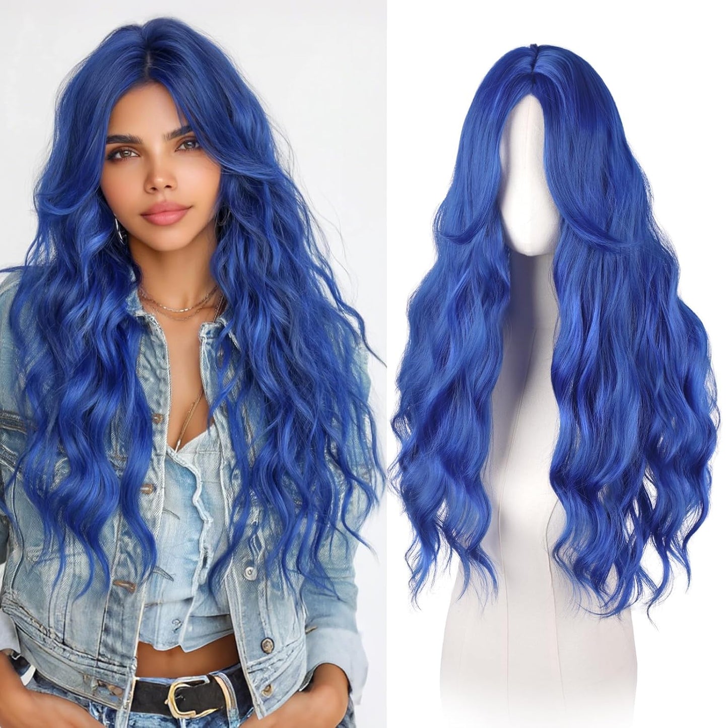 Blue Wigs with Curtain Bangs - Long Wavy Synthetic Hair Wig for Women | 26 Inch Blue Mixed Grey