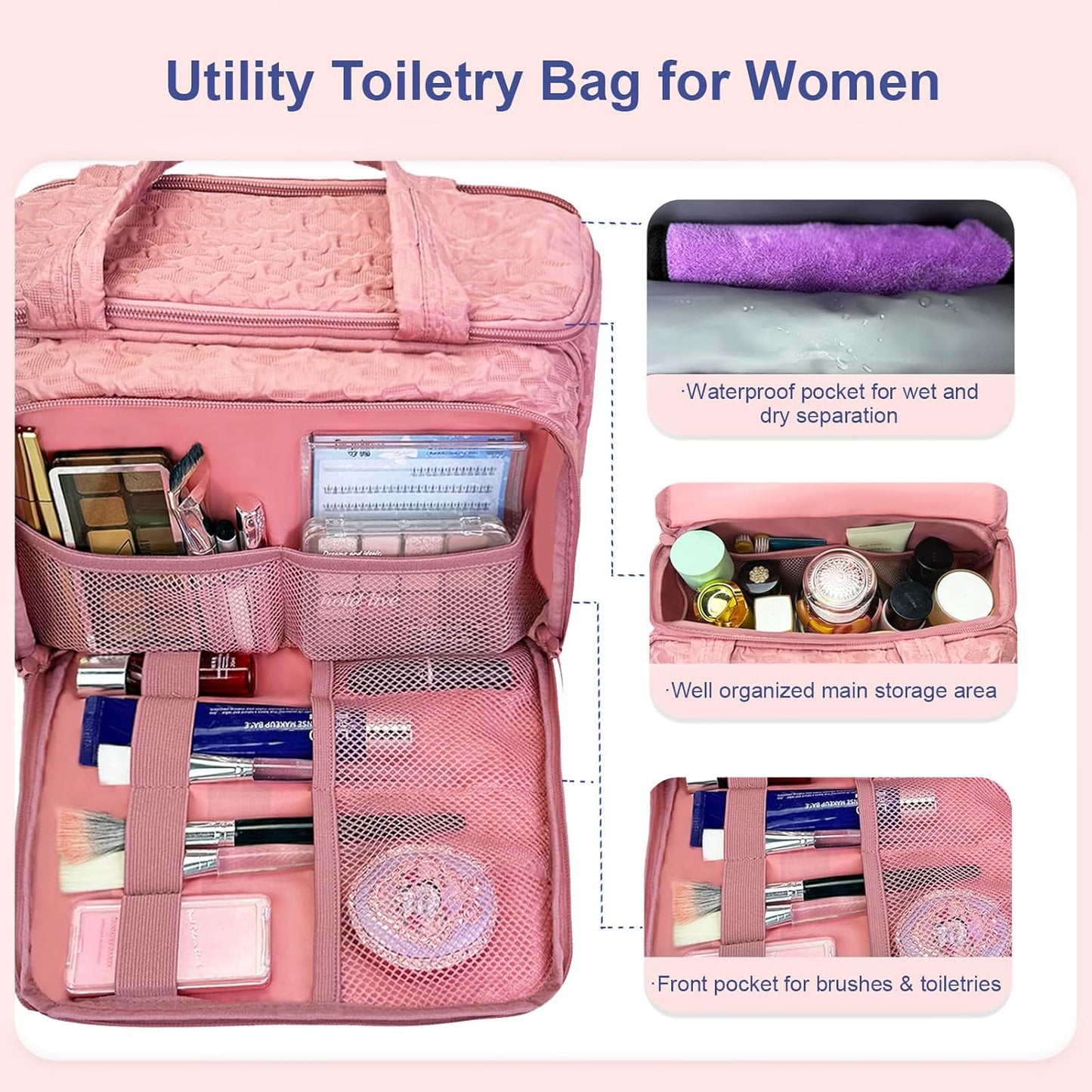 SMONT Toiletry Bag for Traveling Women, 11.5" Large Travel Makeup Toiletries Skincare Bag, Big Cosmetic Cosmetiquera Pink