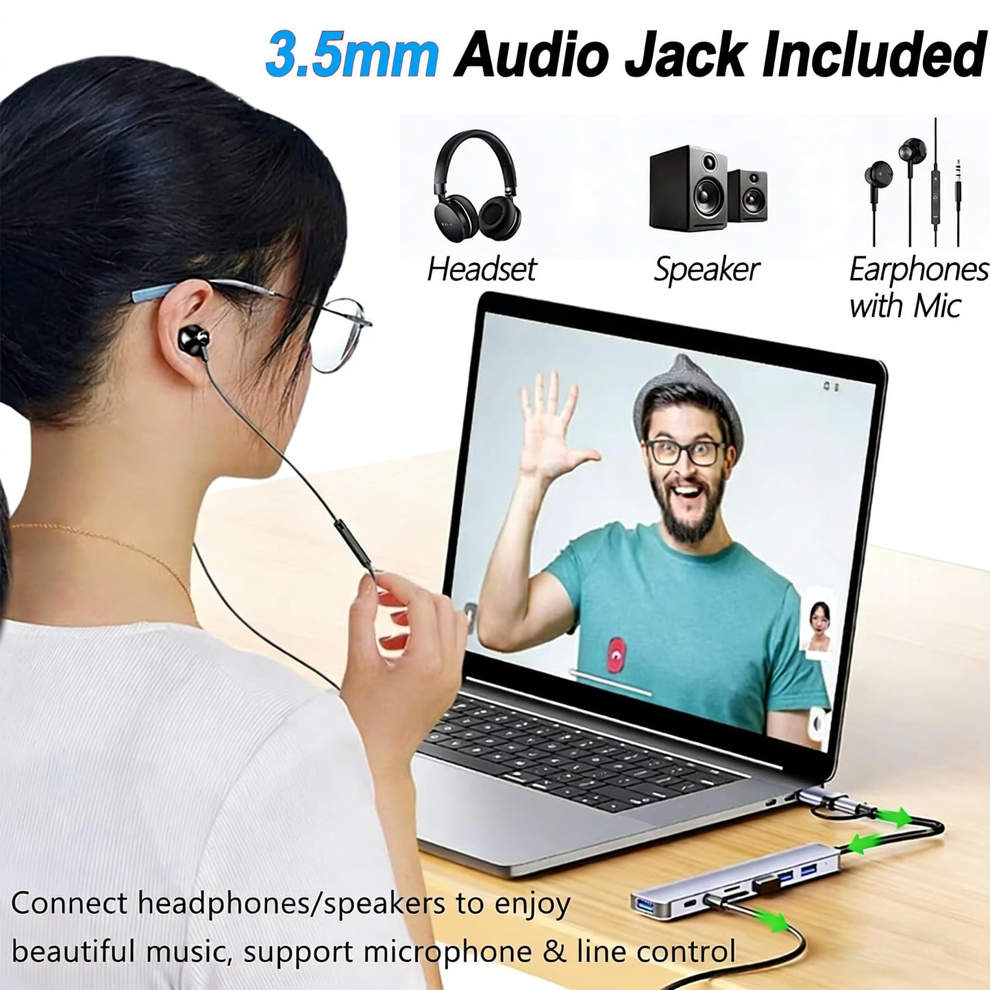 USB C Hub 3.0 Multiport Adapter with SD Card Reader Audio Jack 8 in 1 USB Extender Adapter for USB-C Laptops PC Tablet, 8in1