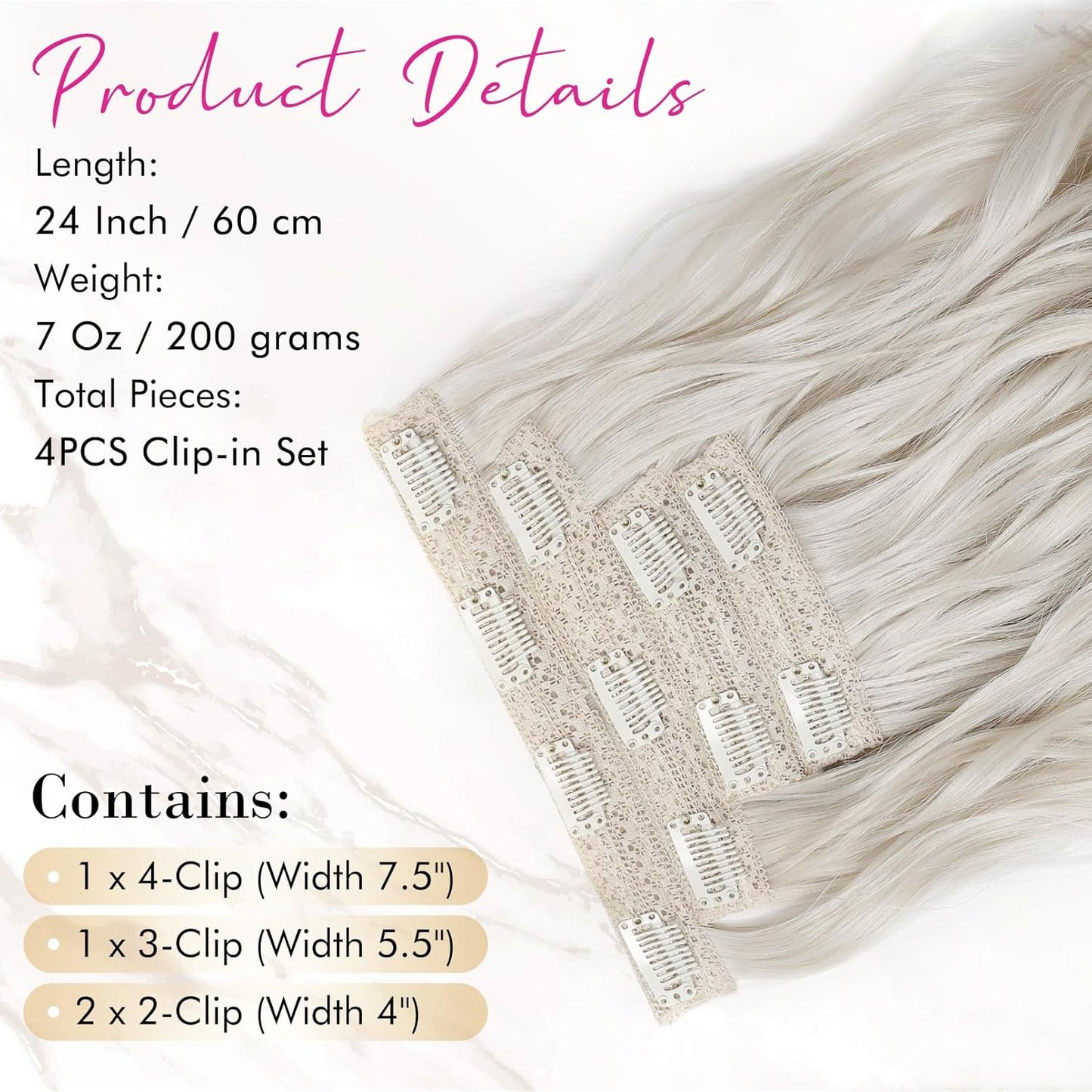 Clip-In Hair Extensions - 24" Thick Blonde Beach Waves | Soft Invisible Lace Weft for Women - Platinum