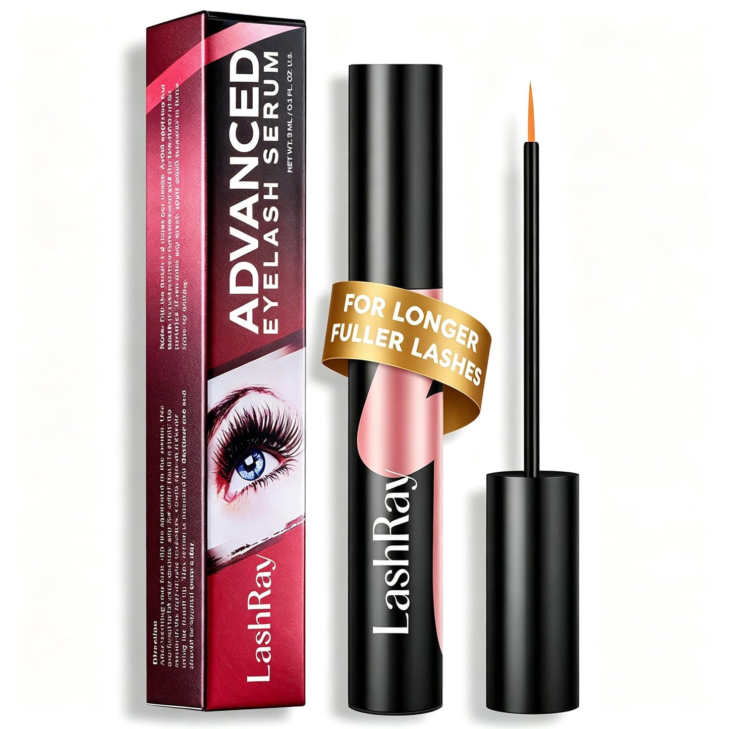 Advanced Lash Serum for Eyelash Growth: LashRay Eye Lash Enhancing Serum to Grow Longer Thicker Eyelashes for Women, 0.1 oz