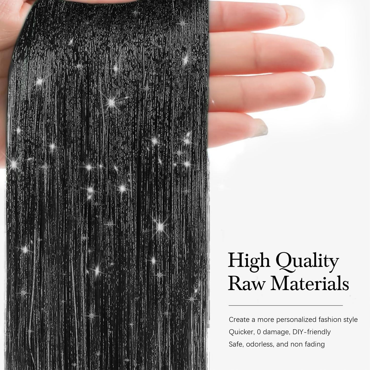 Hair Tinsel 8 Packs 1600 Strands 50 Inch Tinsel Hair Extensions Black Heat Resistant Glitter Sparkling Shinny Fairy Hair Accessories for Women(Black, 50Inch)