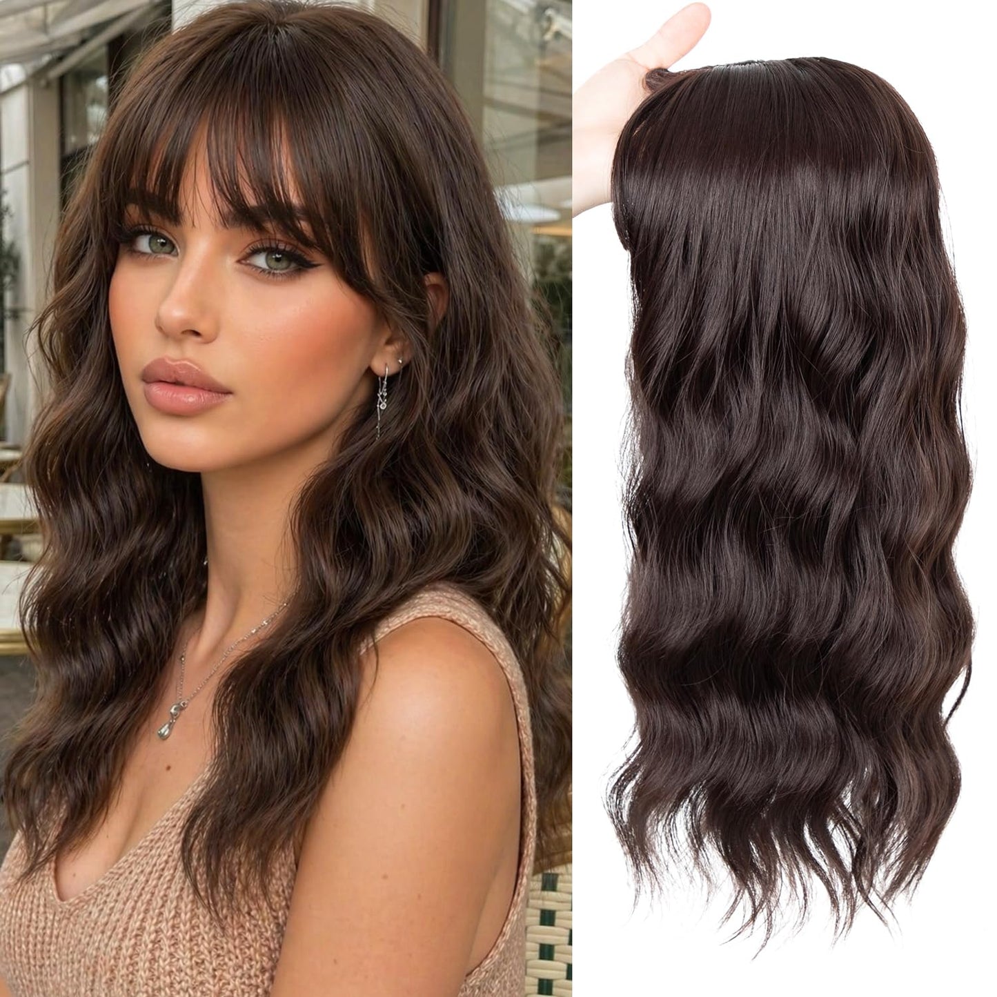 Sakuraaa Hair Toppers for Women - 18" Long Wavy Synthetic Hair Piece | 6.5"x6.5" Large Base in Dark Brown