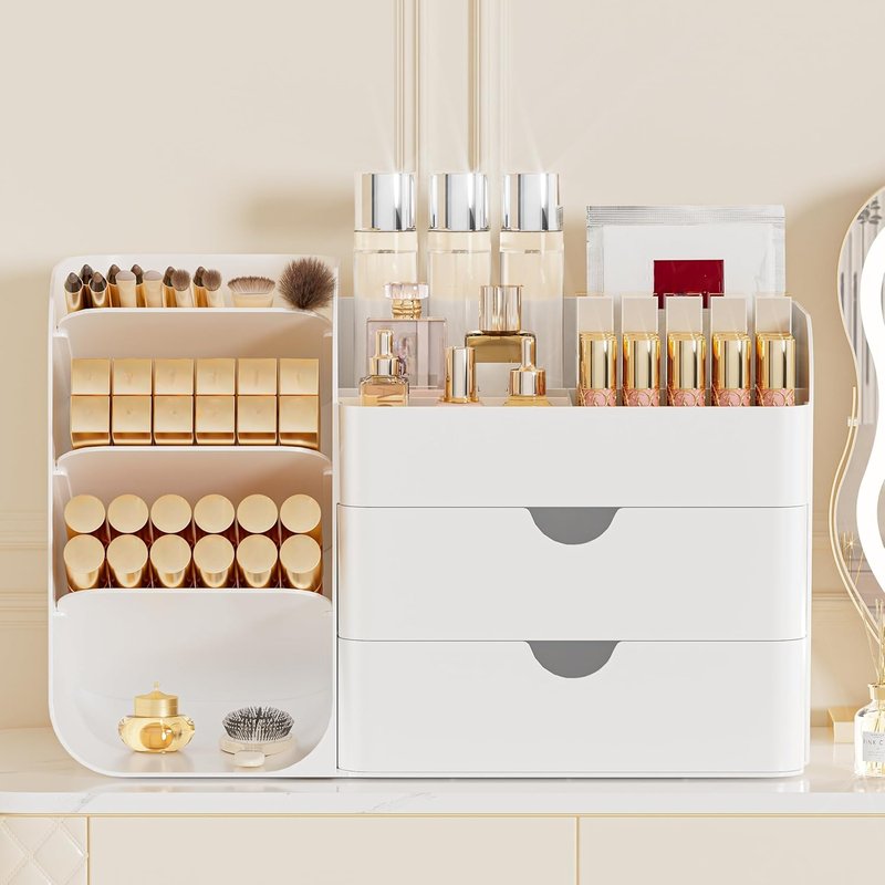 Makeup Organizer with 2 Drawers & Brush Holders - Versatile Cosmetic Storage for Vanity & Desk | All White, Medium